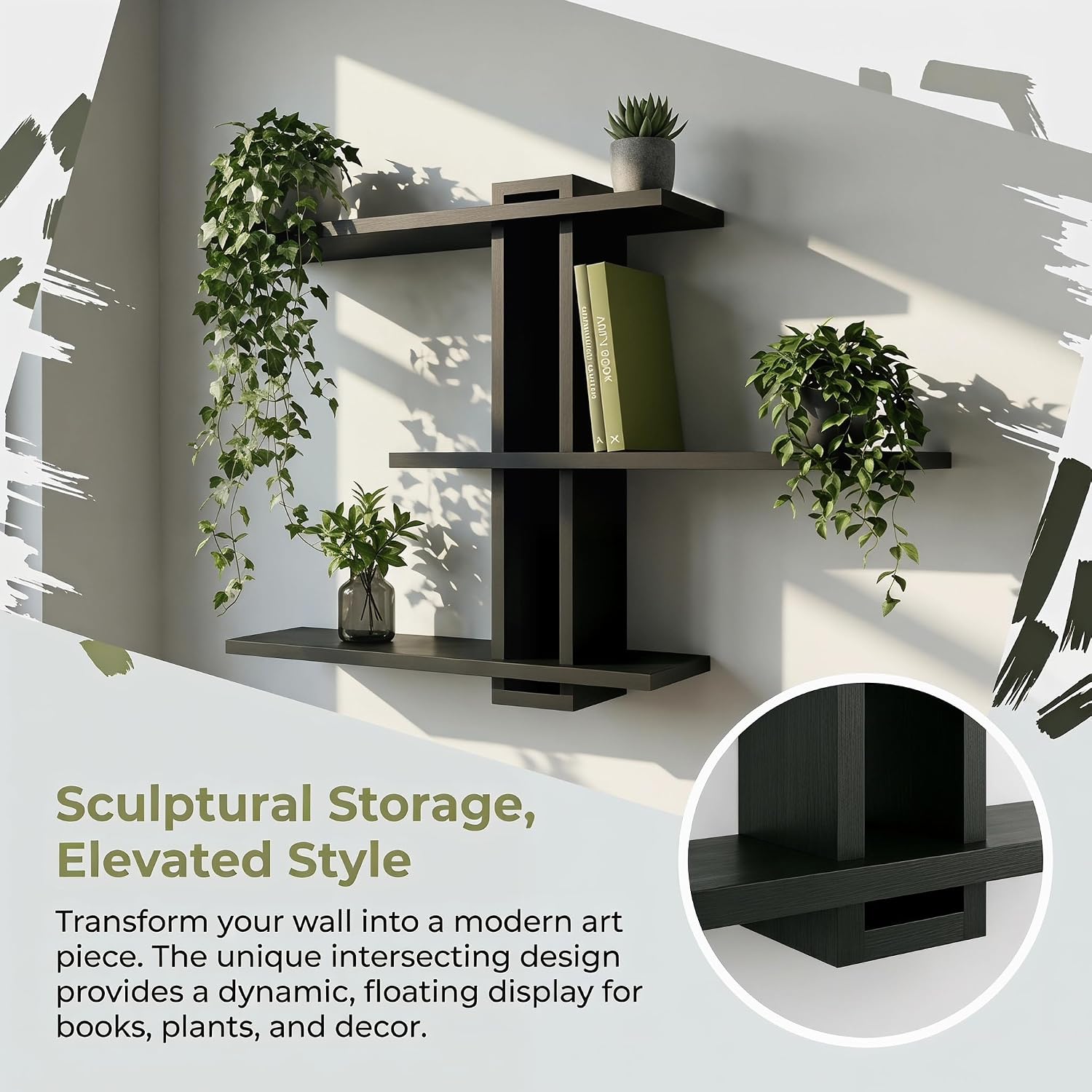 Black Floating Shelves for Bathroom, 3 Tier Pine Wood Wall Mounted Shelf, 20 Inch Large Wall Mounted Shelf for Towels, Toiletries, Plants, Photos, Home Decor