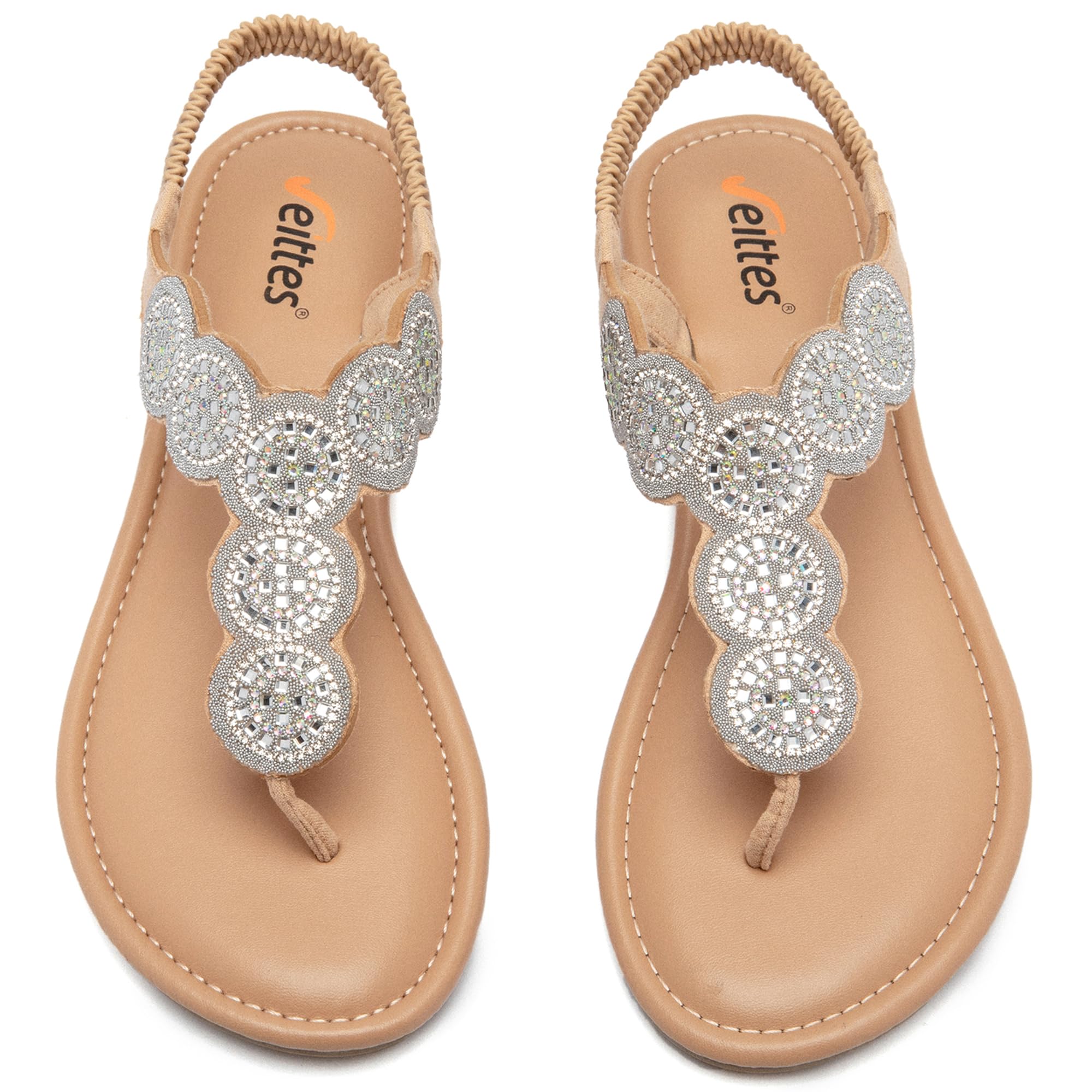 Veittes Women's Bohemian Bling Flat Slide Sandals - Casual Summer Thong Sandals with Rhinestone Decor, Rubber Sole, Lightweight & Comfortable Ankle