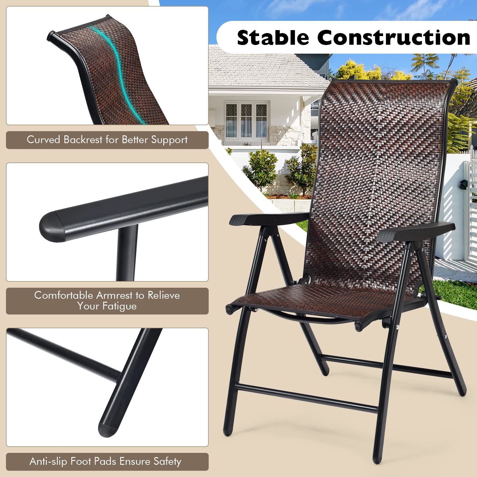 GIANTEX Set di 2 sedie da giardino in rattan con schienale regolabile, sedia pieghevole da giardino, sedia da pranzo, ergonomica, con braccioli, per giardino, balcone