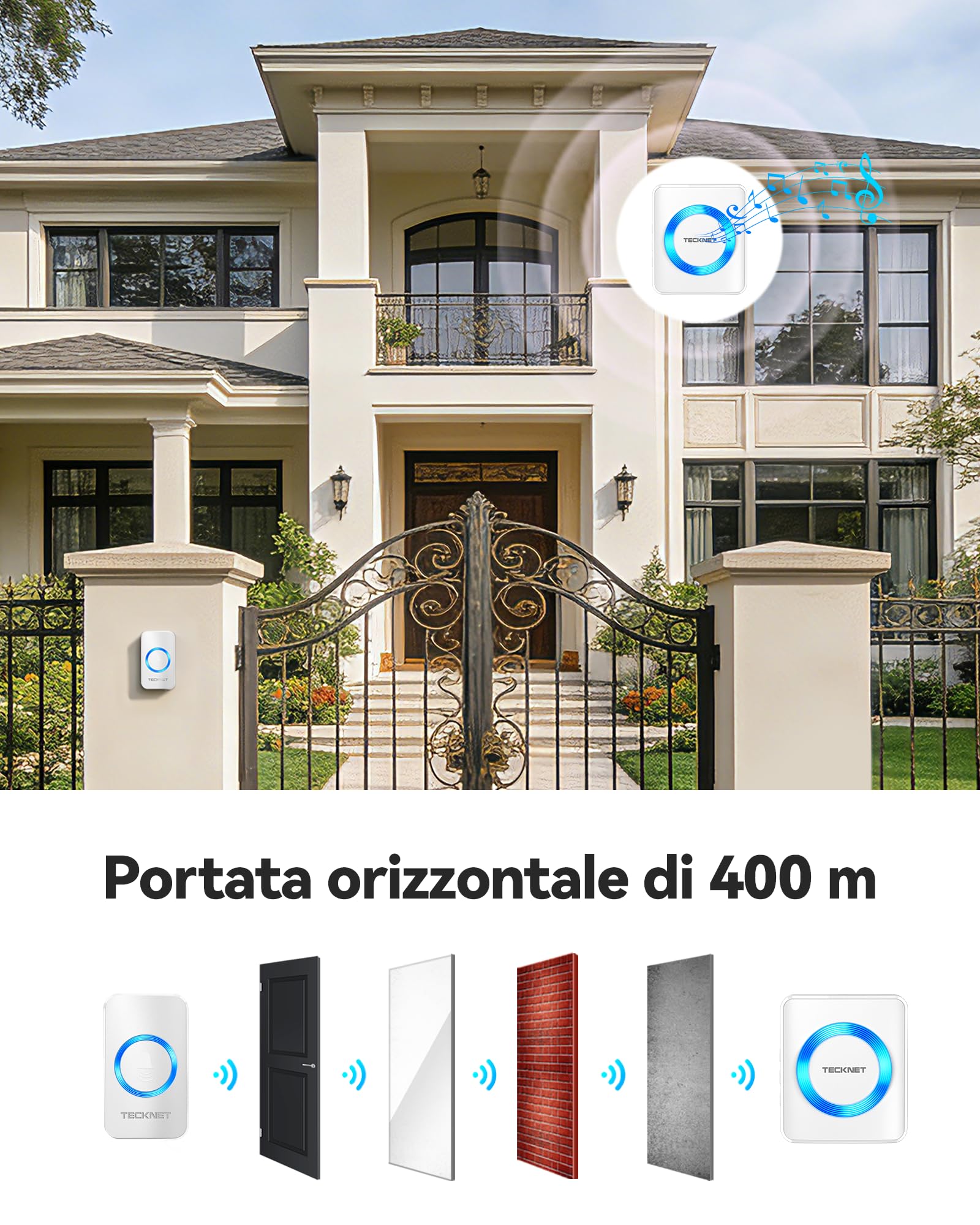 TECKNET Campanello radio alimentato a batteria, mini campanello wireless 400 m, IP65 per esterni, impermeabile, 5 livelli di volume, campanello e 60 melodie con indicatore LED