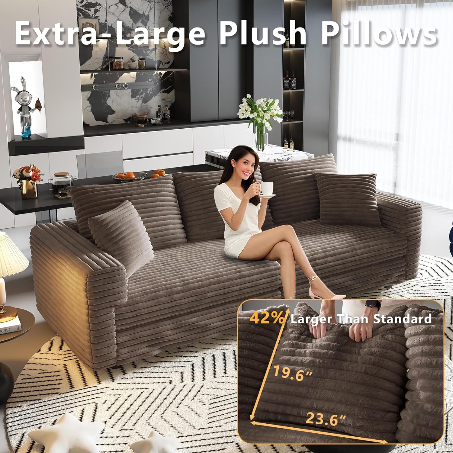82.7" Oversized Cloud Couch, Convertible 3 Deep Seat Upholstered Sofa Couch, 2 in 1 Plush Corduroy Sofa with 5 Soft Pillows, Modern Modular Sectional Couches for Living Room, Apartment, Brown