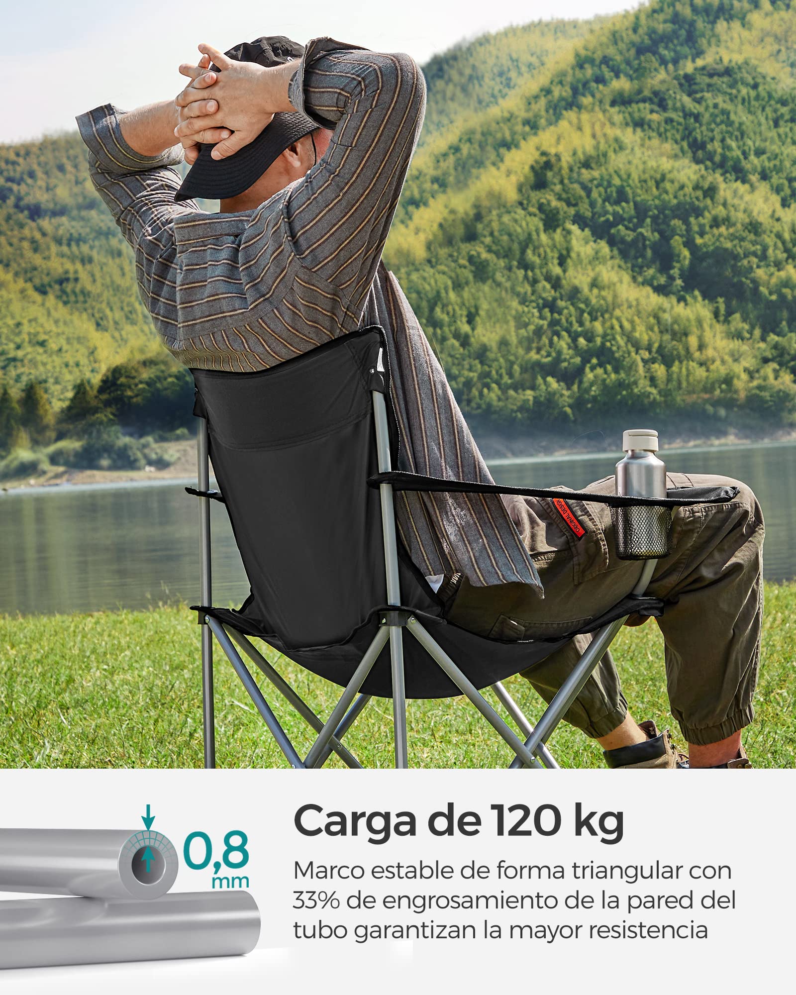 SONGMICS Sillas de Camping Plegables, Juego de 2 sillas al Aire Libre, con reposabrazos, portavasos, portátiles, Capacidad de 120 kg, para Camping, jardín, Pesca, Playa, balcón, Negro GCB01BK