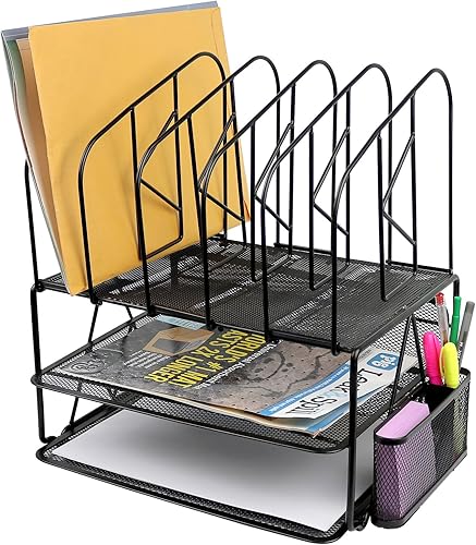 Greenco Malla 2 estantes computadora Archivo Organizador Estantes con 5 Organizador de archivos secciones, color negro