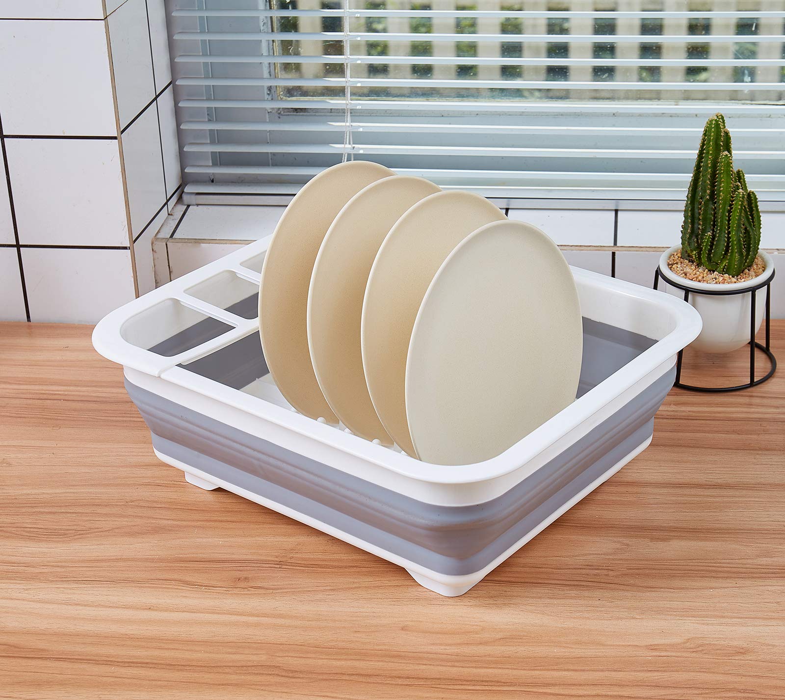 Escurreplatos plegable, escurridor de platos portátil, organizador de vajilla, estante plegable de almacenamiento de vajilla, estante de cubiertos para encimera de cocina, accesorios de caravana (gris