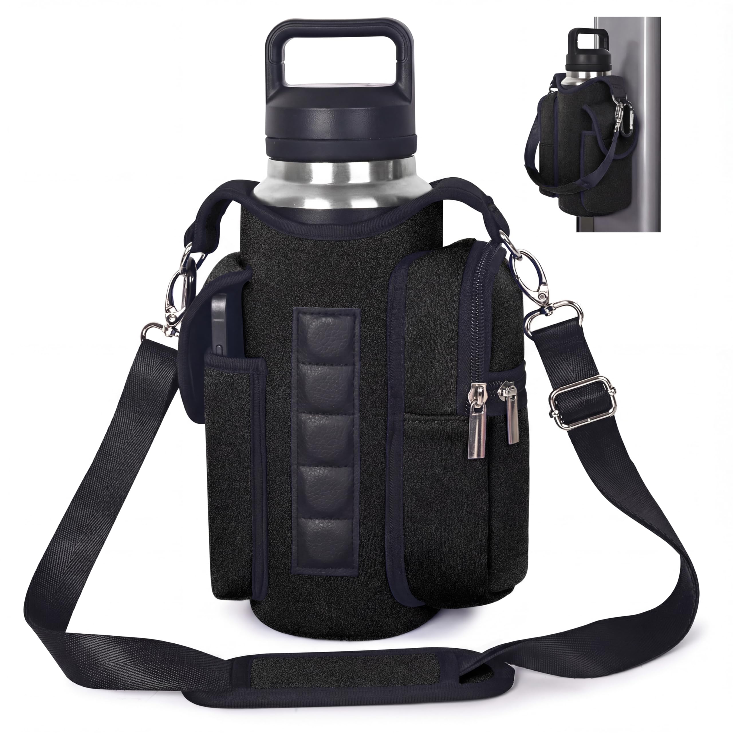 WINTOJO Magnetic Gym Bag for Women Men, Neoprene Water Bottle Carrier Bag with Strap fits 18-40oz, Crossbody Bag with Pockets, Metallic Black