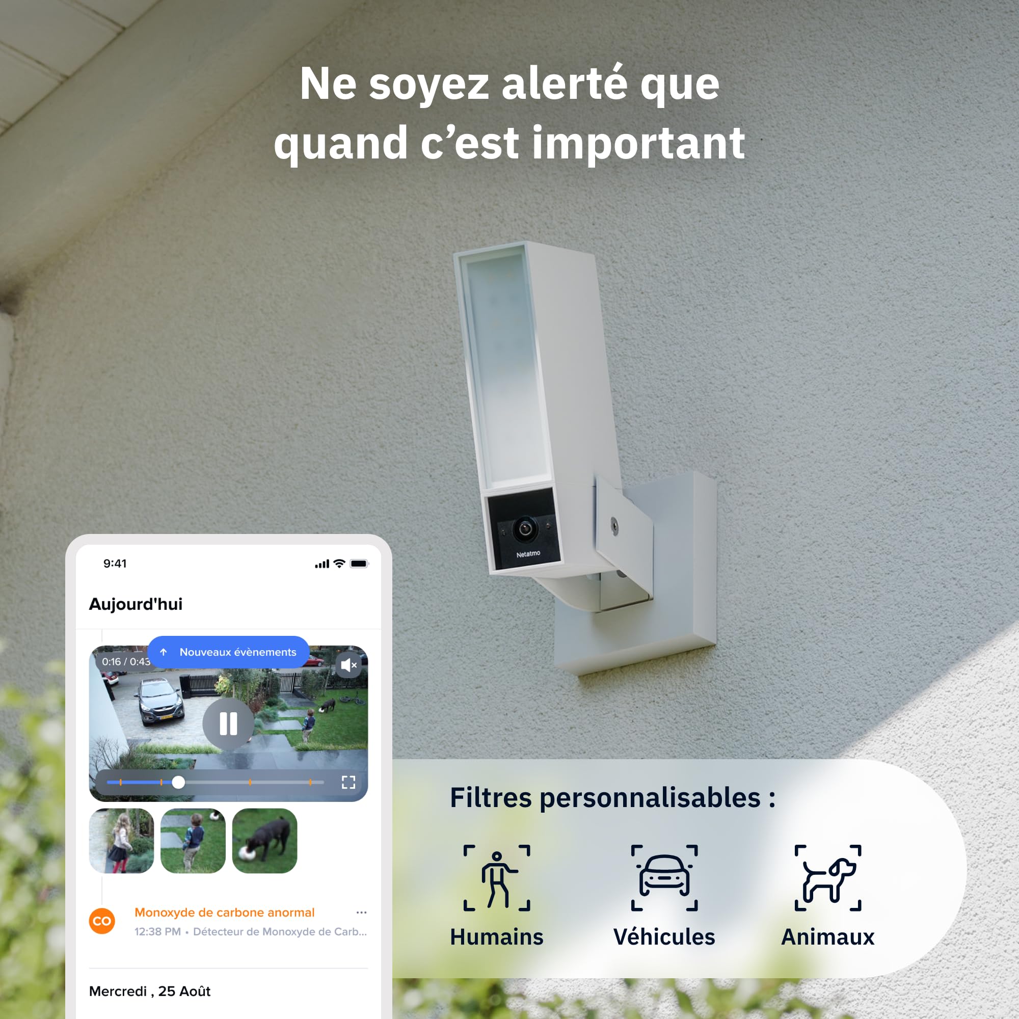 Monitorująca Kamera Zewnętrzna NETATMO, Wi-Fi 5 GHz, 2K HDR, wykrywanie osób pojazdów/zwierząt dzięki AI, reflektor LED 12 W, wbudowany alarm 105 dB, lokalne przechowywanie danych, bez abonamentu, Cza