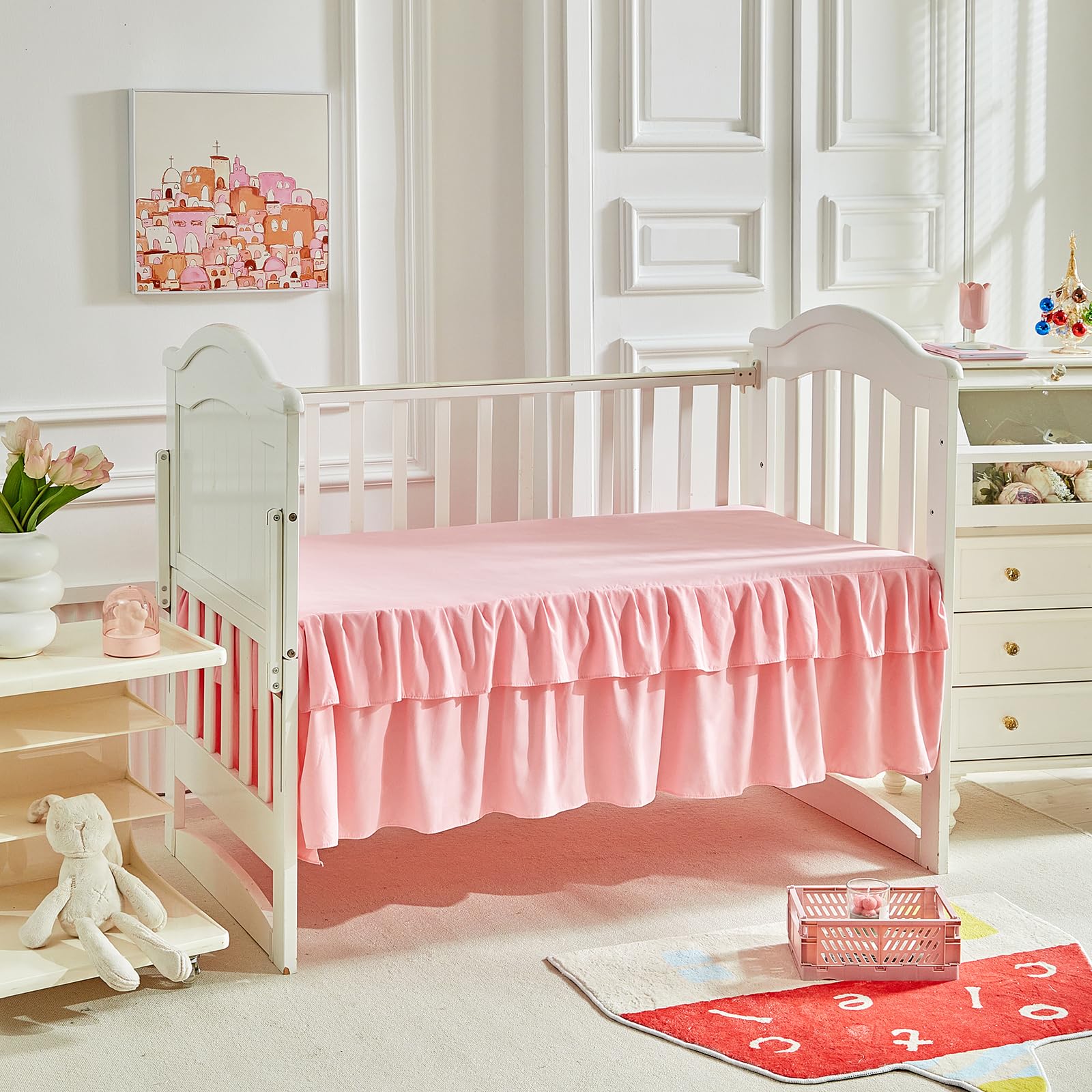 Juego de ropa de cama de 3 piezas para cuna, edredón acolchado con volantes para bebé, sábana bajera ajustable y falda de cama, bonita ropa de cama de bebé con volantes, manta suave con diseño floral