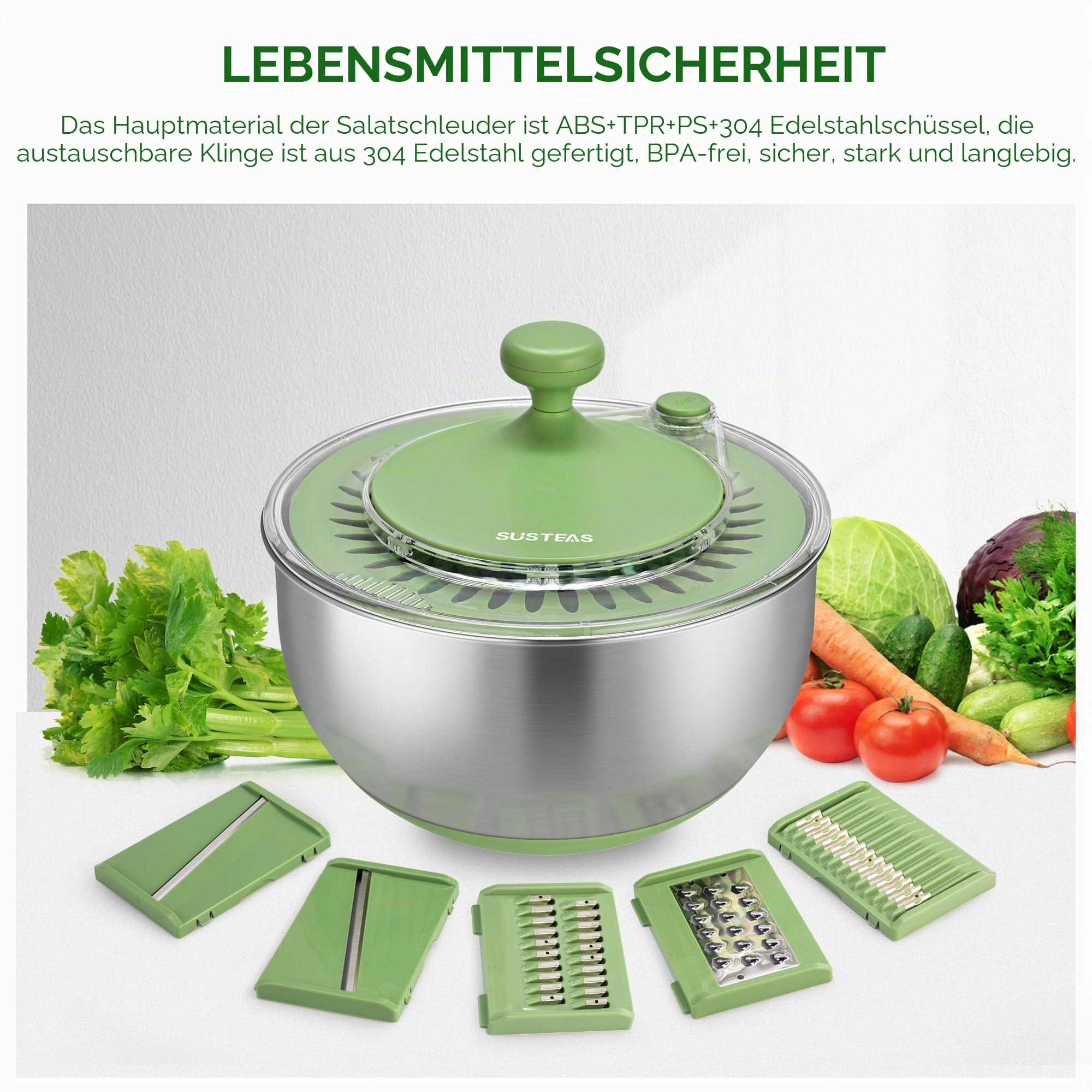 SUSTEAS Salatschleuder Edelstahl mit Schneidefunktion, 4.5L | Salat Schleuder mit Deckel, Salatschüssel mit Abtropfsieb & Eigelbtrenner, Zum Waschen Trocknen & Schneiden von Salat, Gemüse