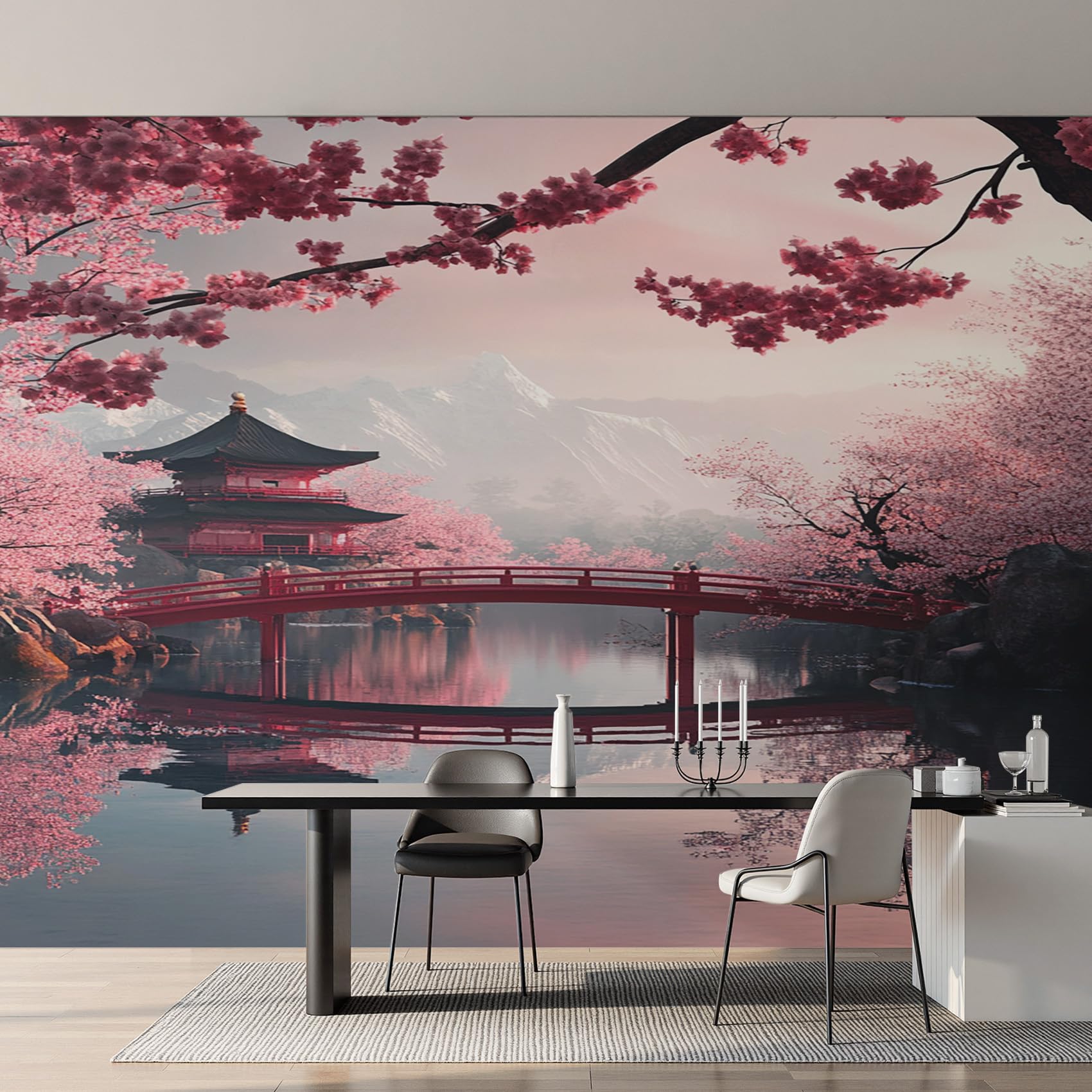 Générique Papier Peint Intissé Japonais, Papier Peint Panoramique Fleurs de Cerisier Torri Oriental pour Salon Chambre Bureau Couloir, Décoration Murale, 350 x 256 cm (L x H)