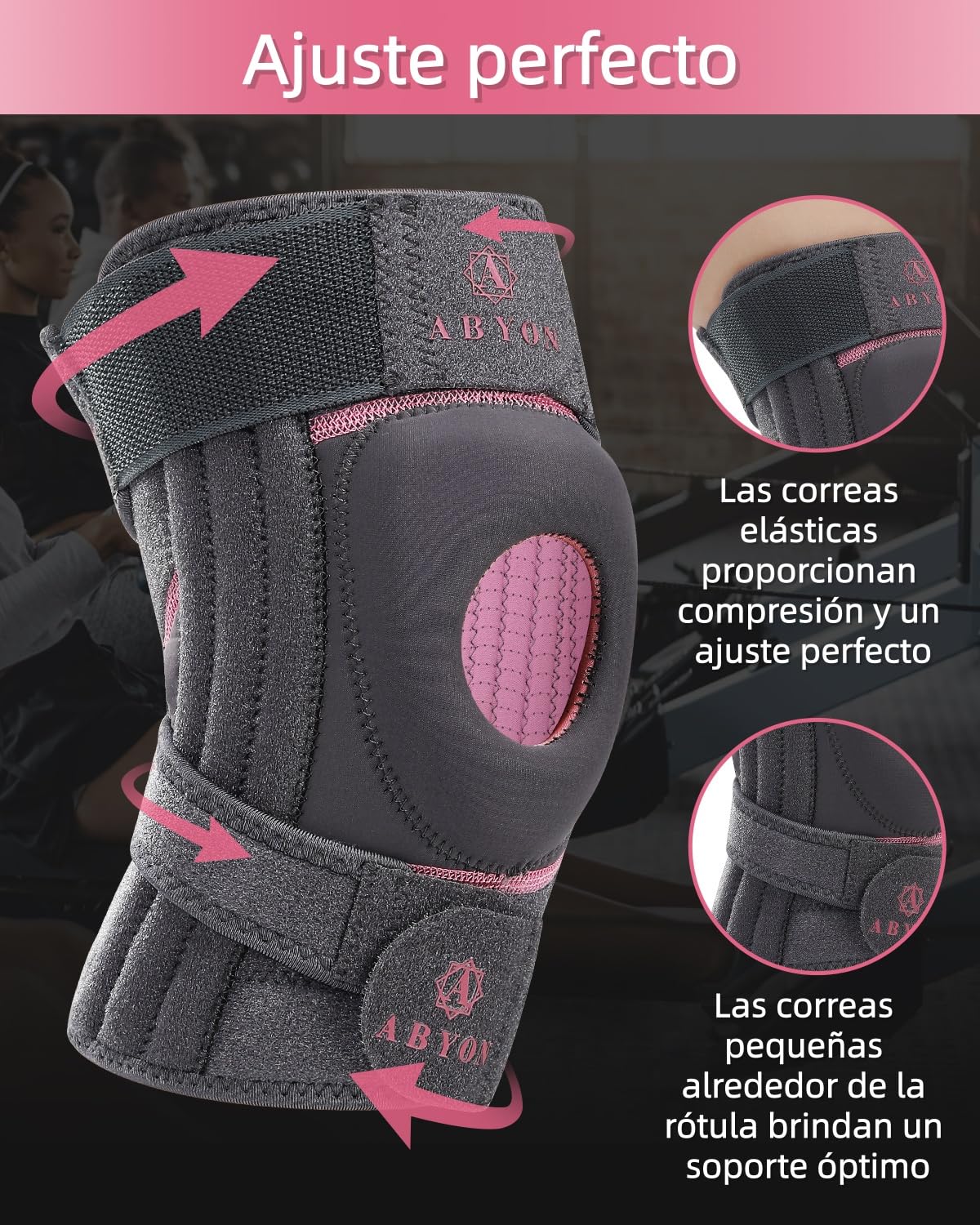 ABYON ELITE Rodillera para Hombre y Mujer con correas antideslizantes ajustables en 4 direcciones y estabilizadores laterales, soporte para dolor de rodilla, artritis, LCA, menisco, correr y caminar