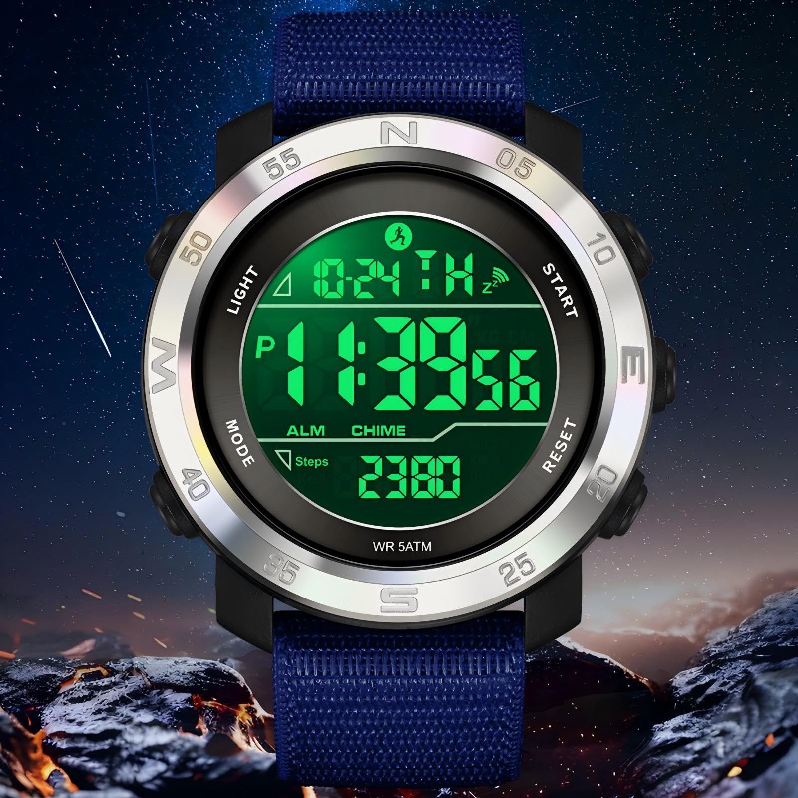 Montre avec compteur de pas, pas besoin de téléphone, podomètre, montre numérique pour homme et femme, avec calories, distance, alarme, compte à rebours, bracelet en nylon