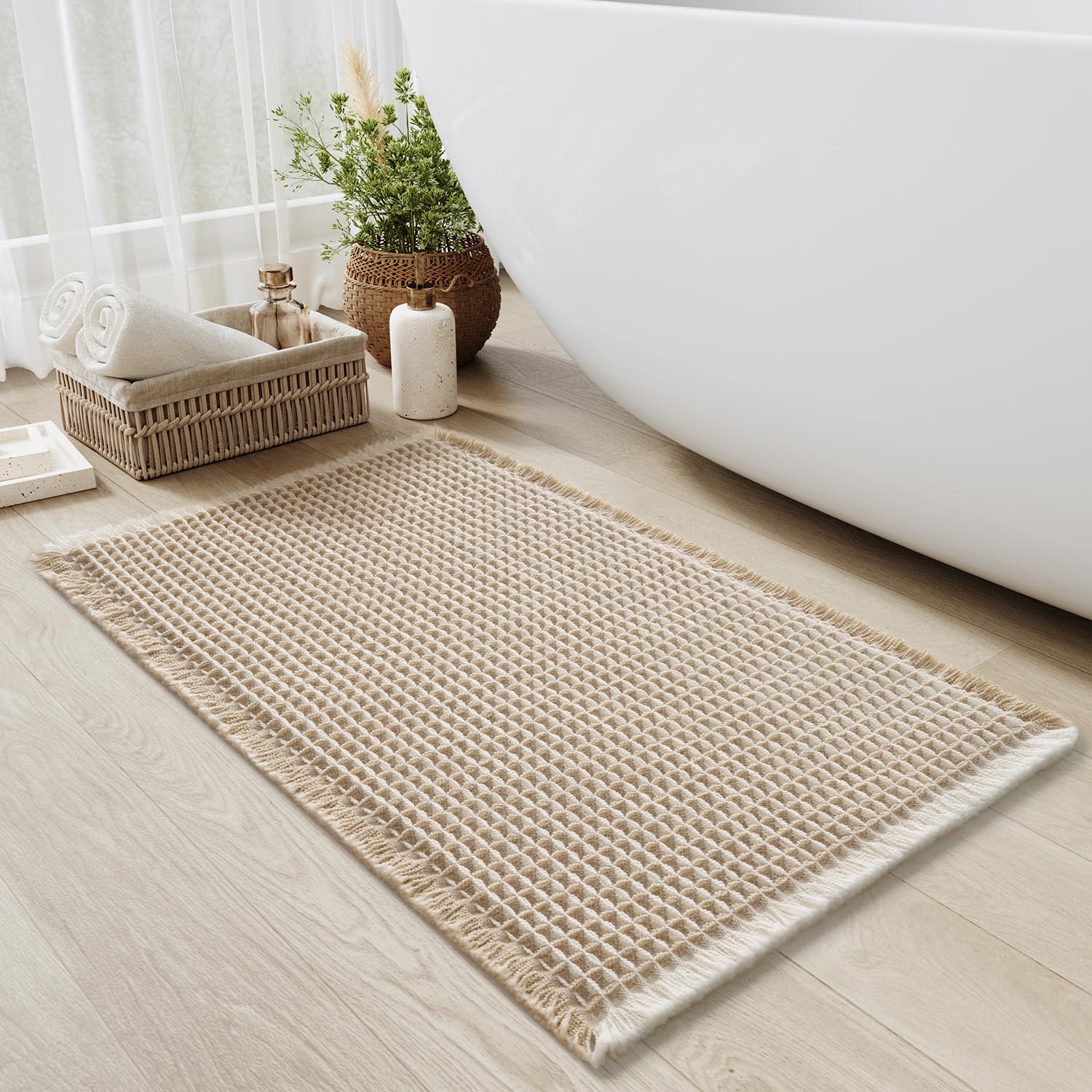 Upgraded Waffle Bath Mat Non Slip Super Absorbent Quick Dry Bath Mats for Bathroom Floor Machine Washable Bathroom Mat Ultra Soft Boho Bathroom Rugs with Tassels Beside Tub, 17" x 24", Brown — view 10