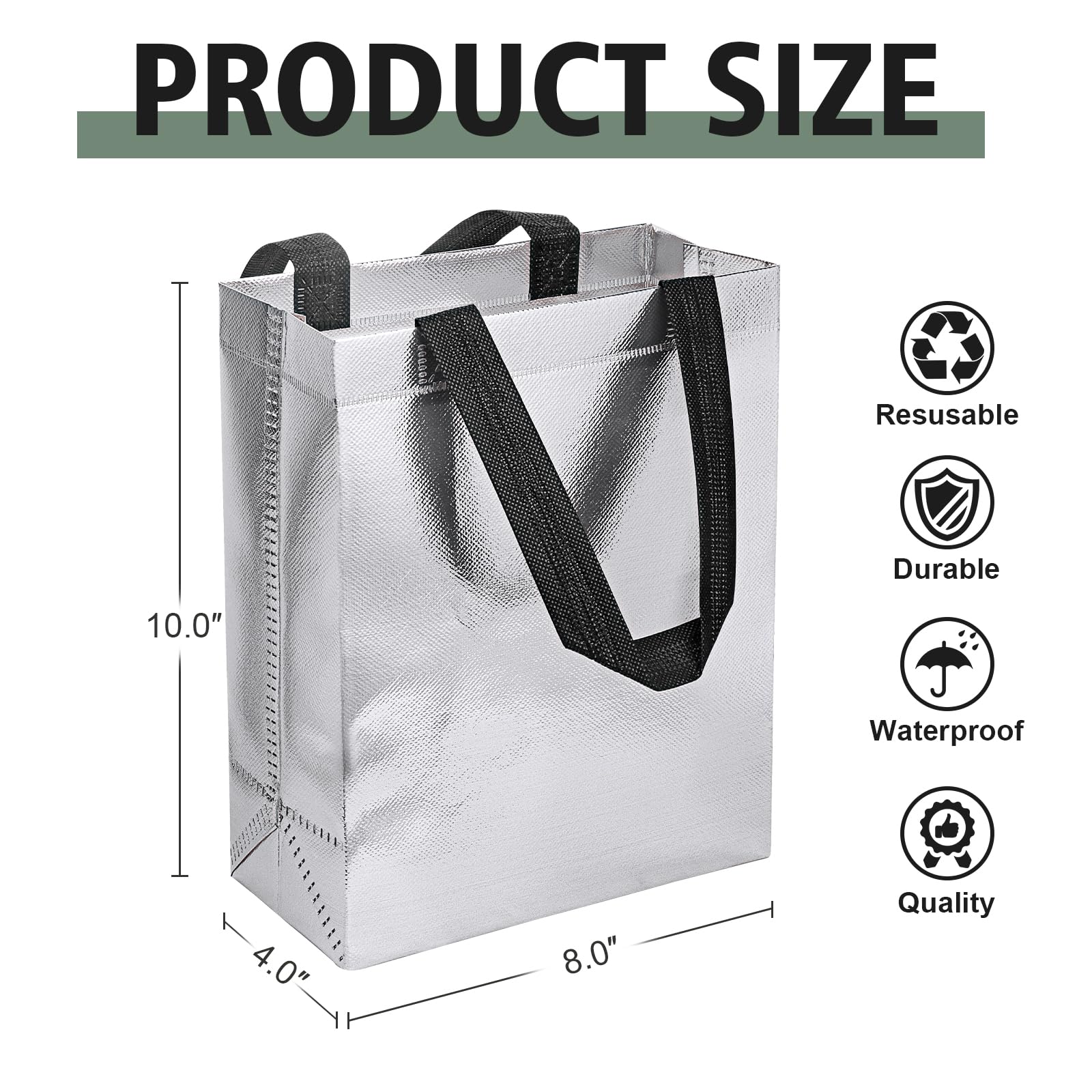 【18-Pack Silver】 Reusable Gift Bags with Handles, Bulk Goodie Bags for Valentines Day, Baby Shower, Birthday, Party Favors, Wedding, Holiday Goodie | 8x4x10 Inches | 18 Premium Silver Bag | Eco-Friendly