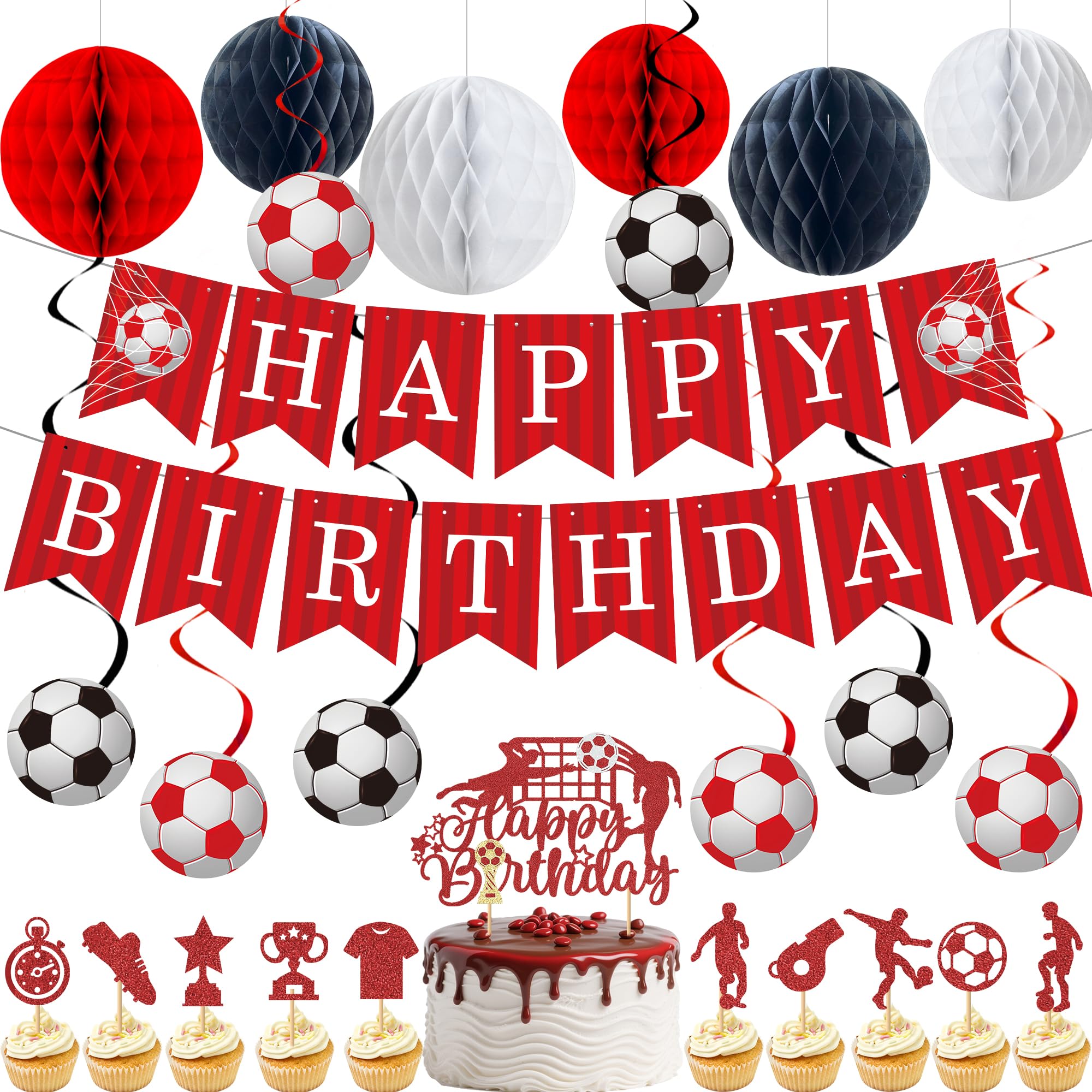 Football Birthday Decoration Party Supplies - 26 Pcs Red Happy Birthday Banner Bunting Hanging Football Swirls Cake Toppers Honeycomb Balls for Boys Girls Fans Anniversary Celebration Party Decor