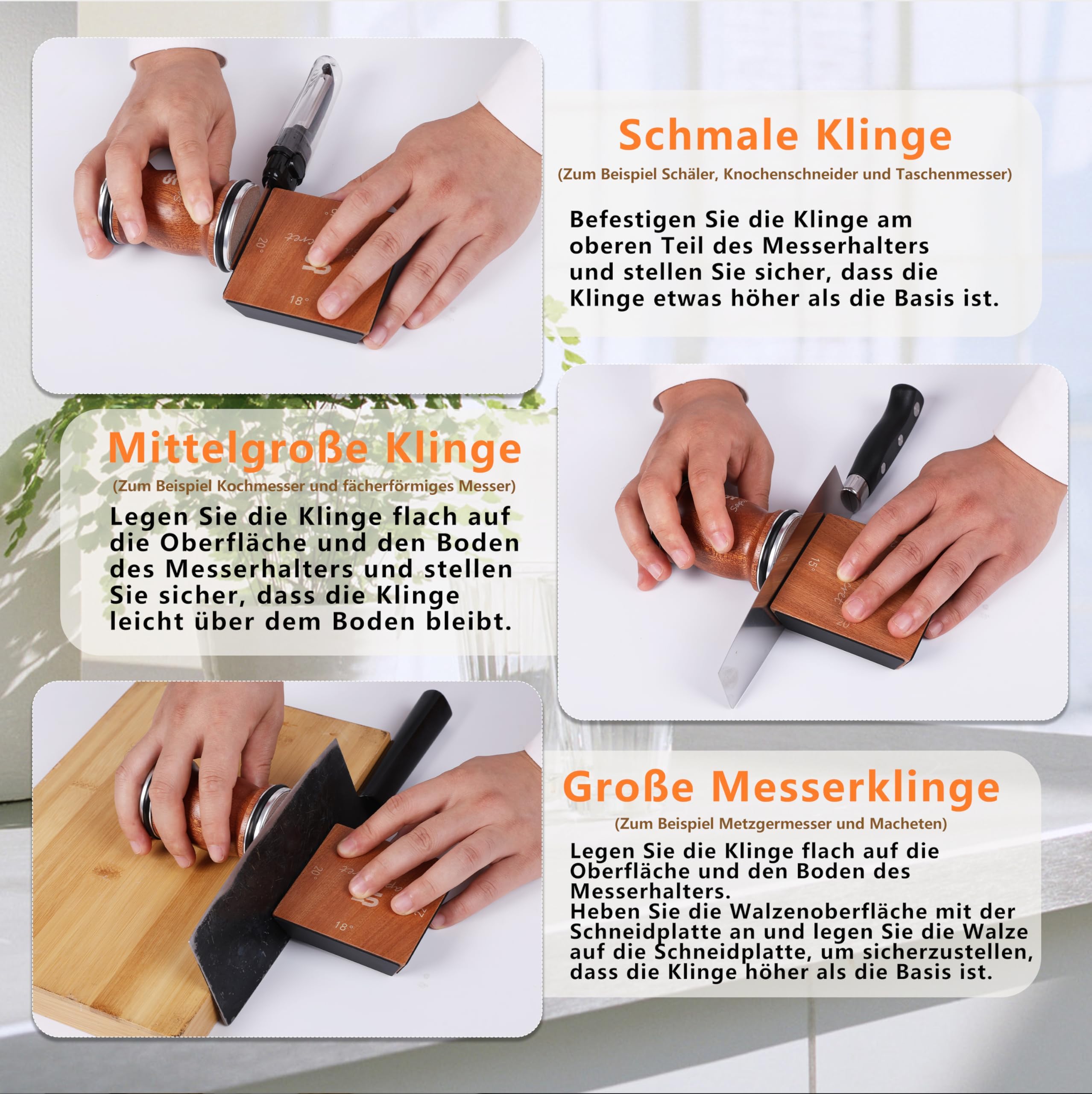Rollschleifer Messerschärfer – Manueller Schnellschärfer für kleine Messer, Küchenmesser Set, Sapele Holz, 12°/15°/20°/25° Winkel, austauschbare Schleifscheiben 400/1000 – Sapisecret