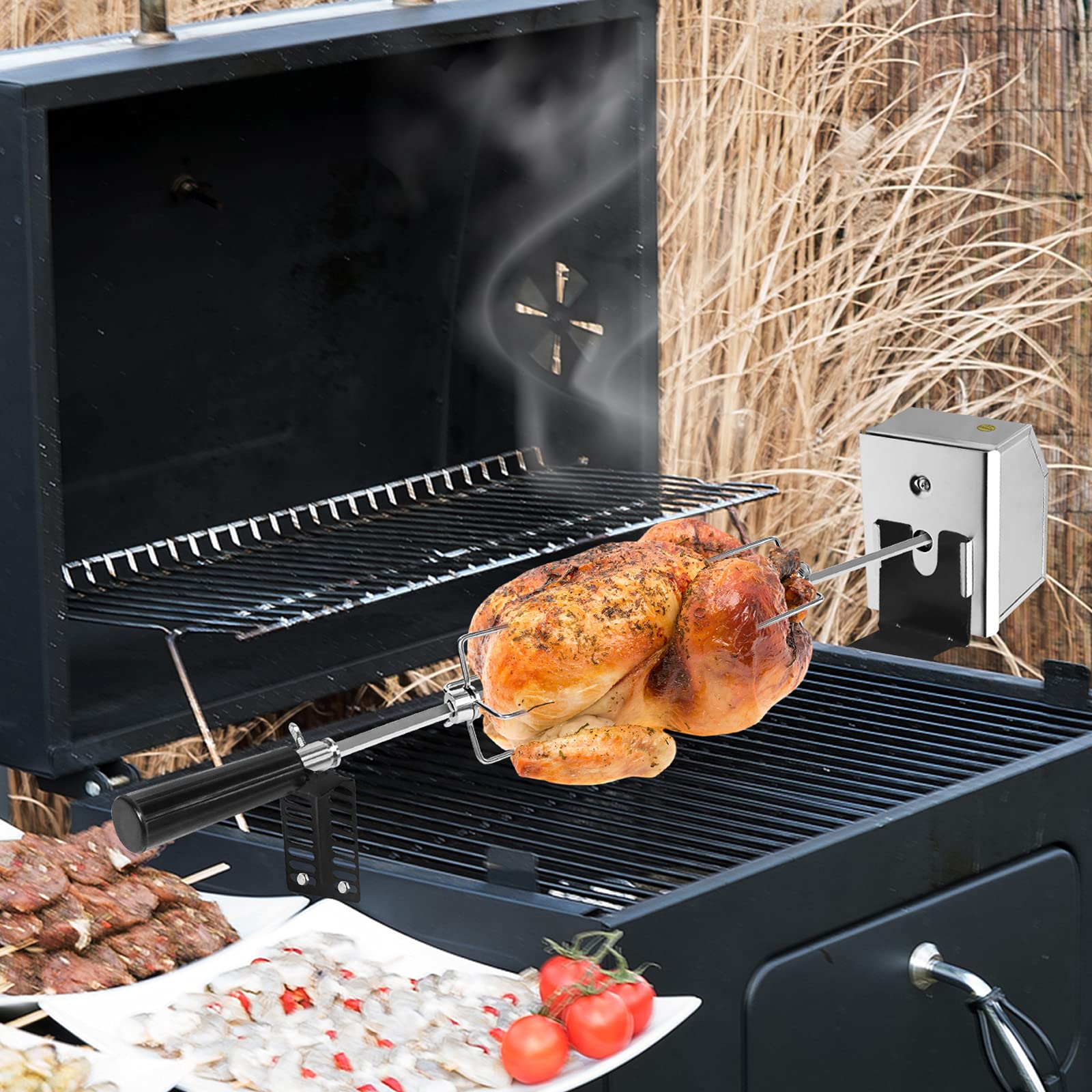 LZQ Zestaw rożen do grilla z silnikiem 107 cm, rożen obrotowy ze stali nierdzewnej 304, 220 V – 240 V, w zestawie 2 x uniwersalny szpikulec do mięsa