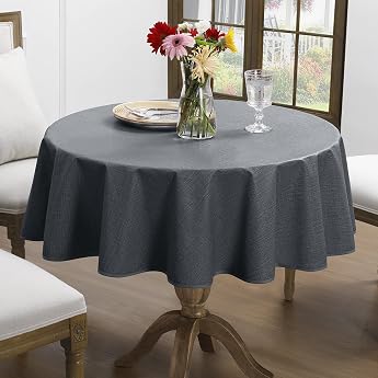 Romanstile Small Round Oilcloth Tablecloth 80 cm with Hem Linen Look Anthracite Outdoor Tablecloth Weatherproof Waterproof Garden Tablecloth Table Cloth for Outdoors Summer Balcony Coffee Table Garden