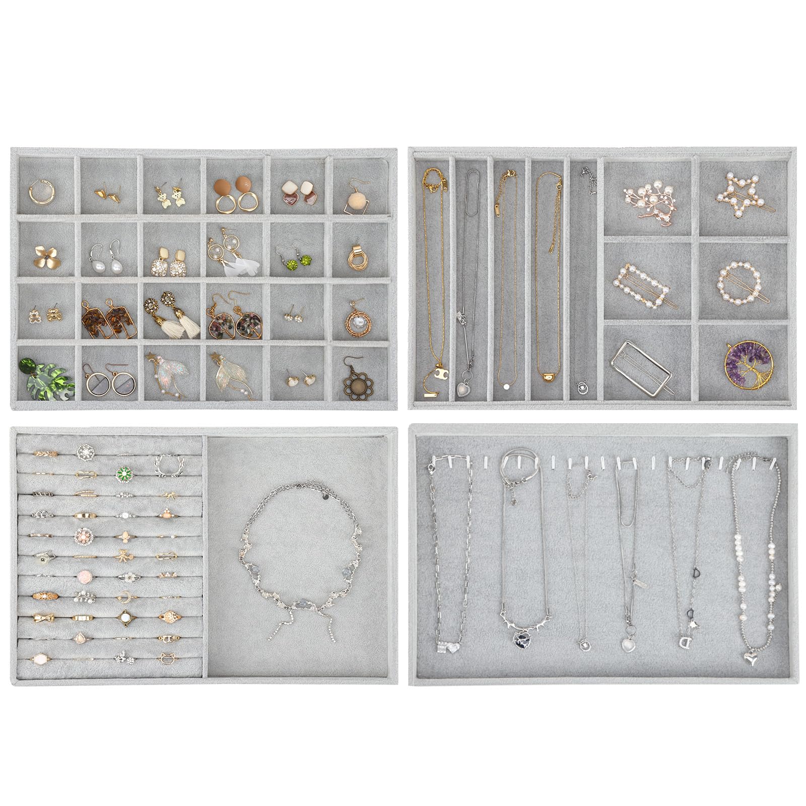Photo 1 of Fixwal 13in Set of 4 Jewelry Organizer, Stackable Jewelry Trays for Drawers, Jewelry Storage for Earring, Necklace, Bracelet, Watch with Removable Divider, Grey Gray 4pack style-A