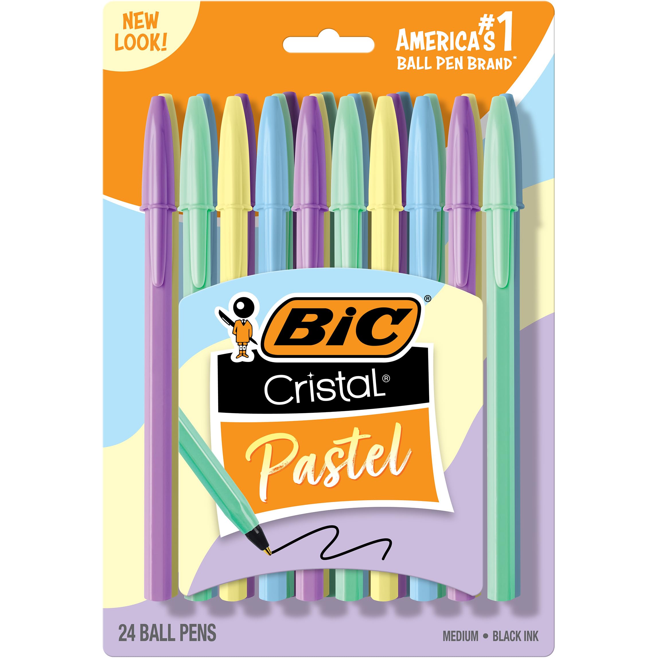 BIC Cristal Pastel Ballpoint Pens, Black Ink, 24-Count Pack, Colored