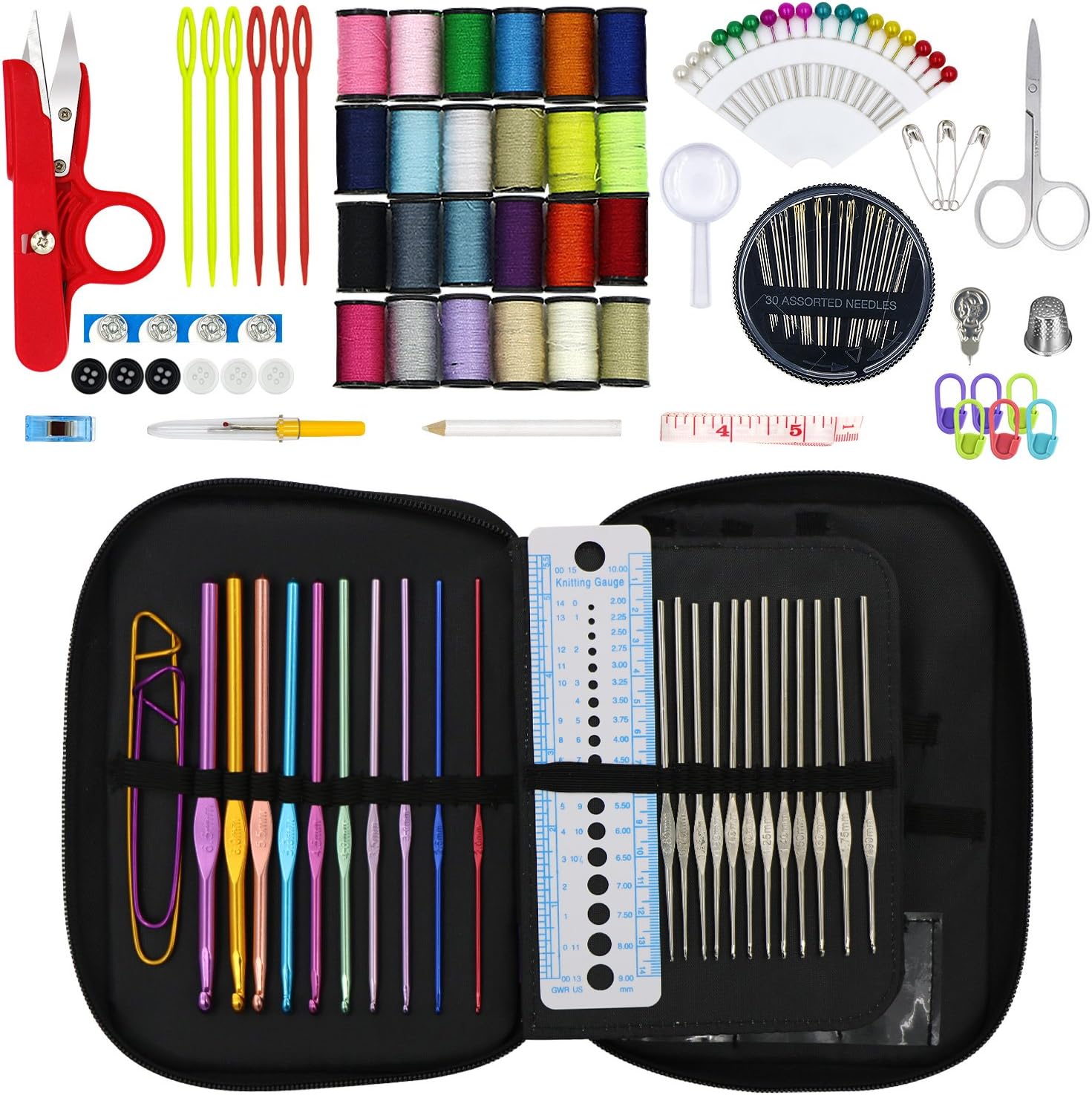Sewing Kit & Crochet Hooks, 132 Pcs Mini Sewing Accessories, Portable& Emergency Sewing Set, Travel Sewing Supplies, With 22 Size Crochet Needles, 24 Color Thread, For Beginners, Kids, Adults