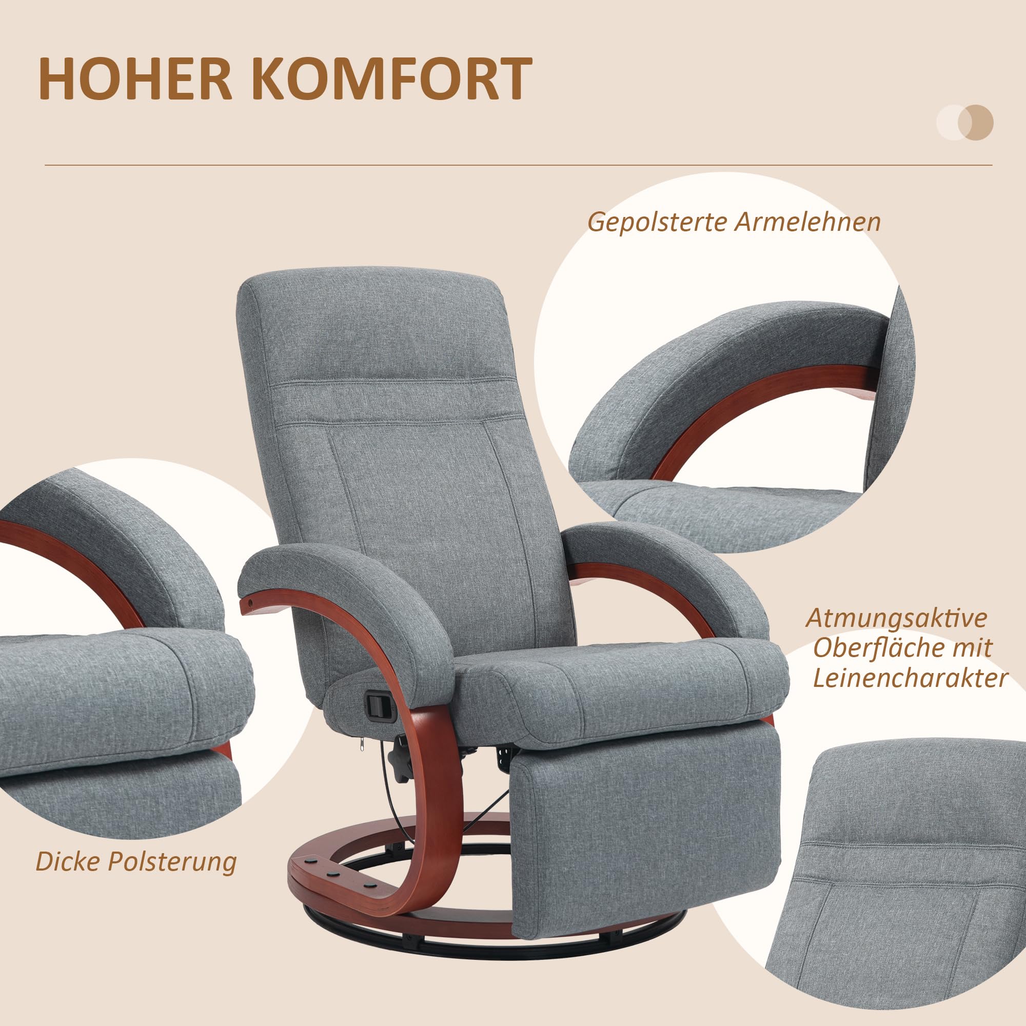 HOMCOM Relaxsessel mit Liegefunktion mit Hoher Rückenlehne Grau | Drehbarer Ruhesessel, mit Verstellbarer Rückenlehne, Liegesessel, Armlehne, bis 150 kg Belastbar, Kunstleder