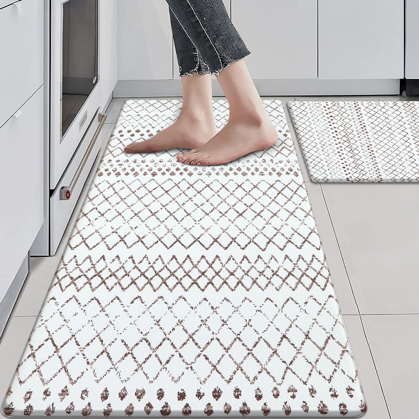 KIMODE Kitchen Mats 2PCS,Cushioned Anti Fatigue Boho Kitchen Rugs and Mats,Non Slip Waterproof Kitchen Mats for Floor,Comfort Foam Standing Desk Mat for Home,Office,Sink,Laundry,Brown and White
