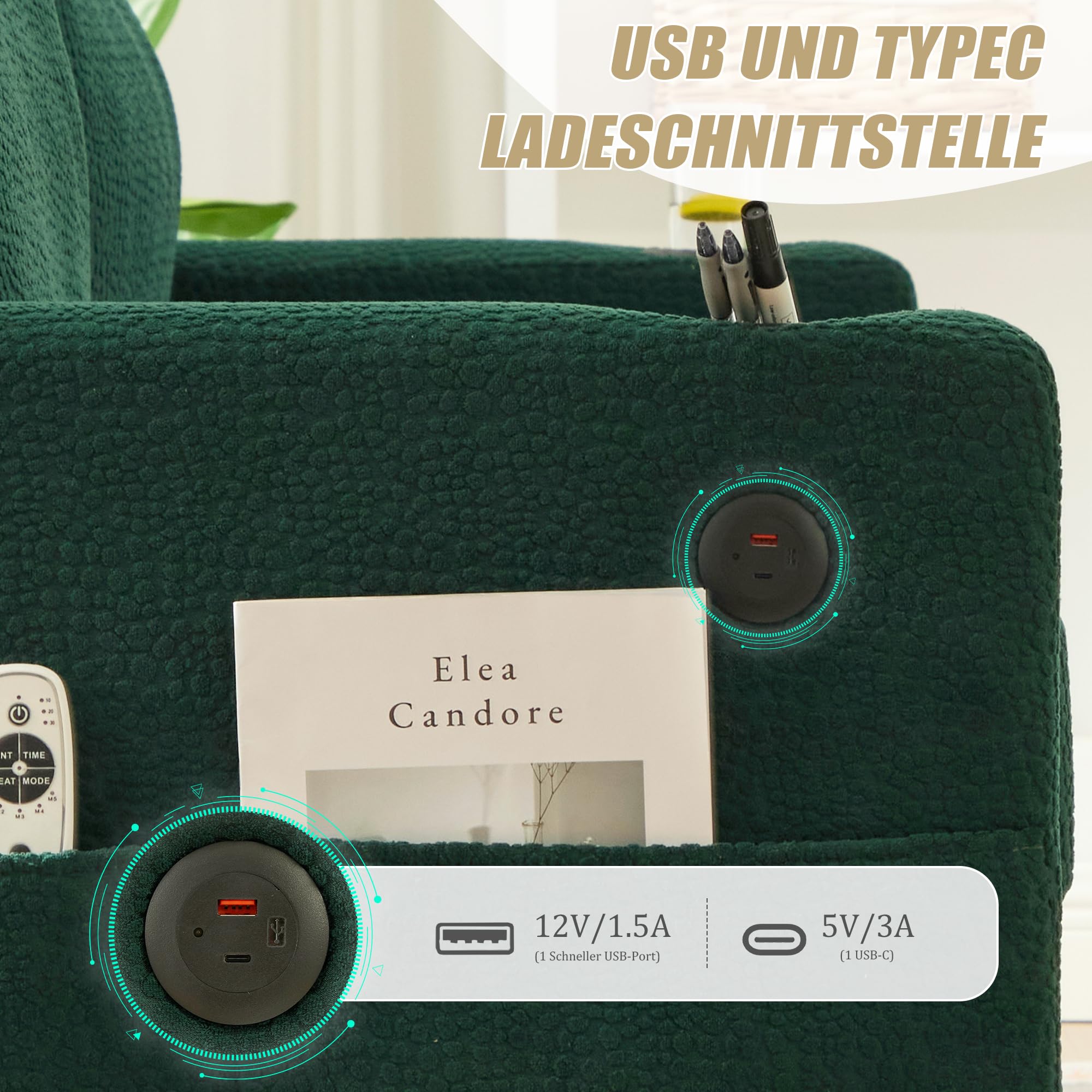 Divano biposto dal design moderno, divano con USB-C, illuminazione d'ambiente LED, divano 2 posti con portabicchieri e tasche laterali, tessuto ciniglia, adatto per soggiorno o ufficio, verde smeraldo