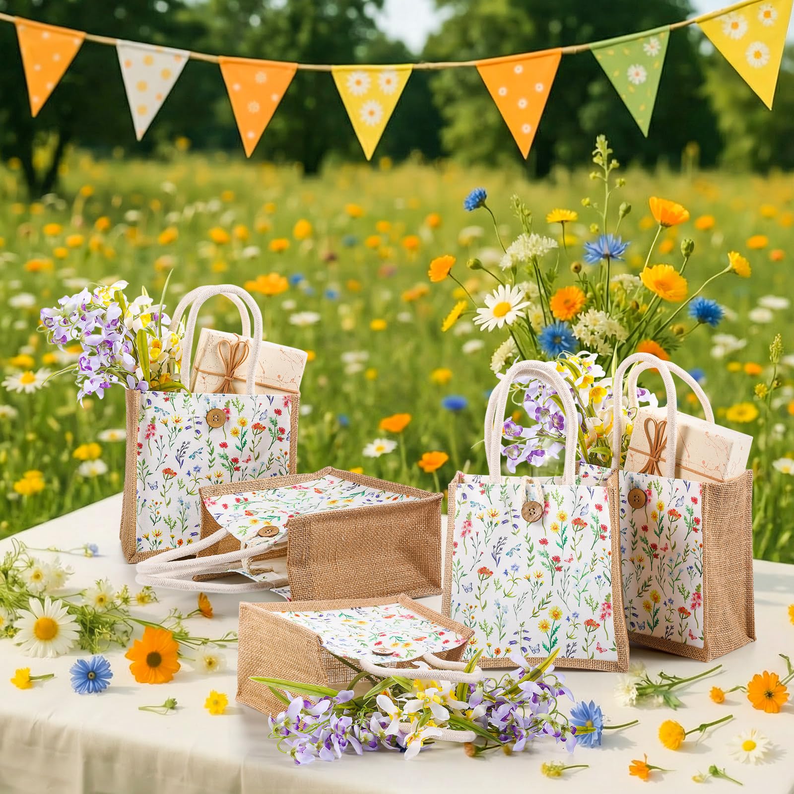 Abbylike Lot de 12 mini sacs cadeaux floraux réutilisables en toile de jute Cielito Lindo avec poignée et bouton pour printemps, mariage, fête prénuptiale, fête (aquarelle)