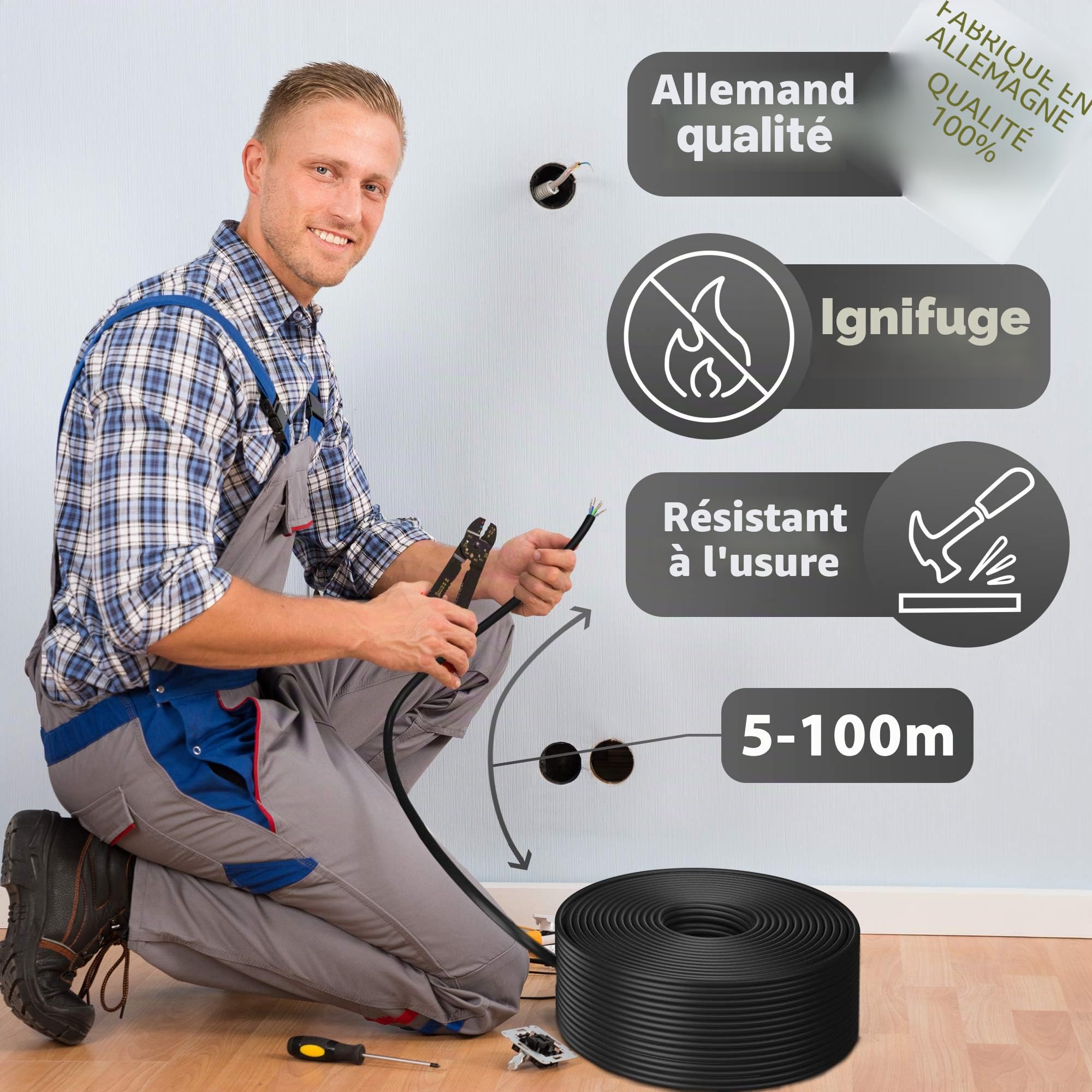 Câble électrique souterrain, type NYY-J 5 x 6 mm², disponible en 5, 10, 15, 20, 25, 30, 35, 40 ou 50 m, avec anneau, pour la pose en extérieur et en terre, 30 m