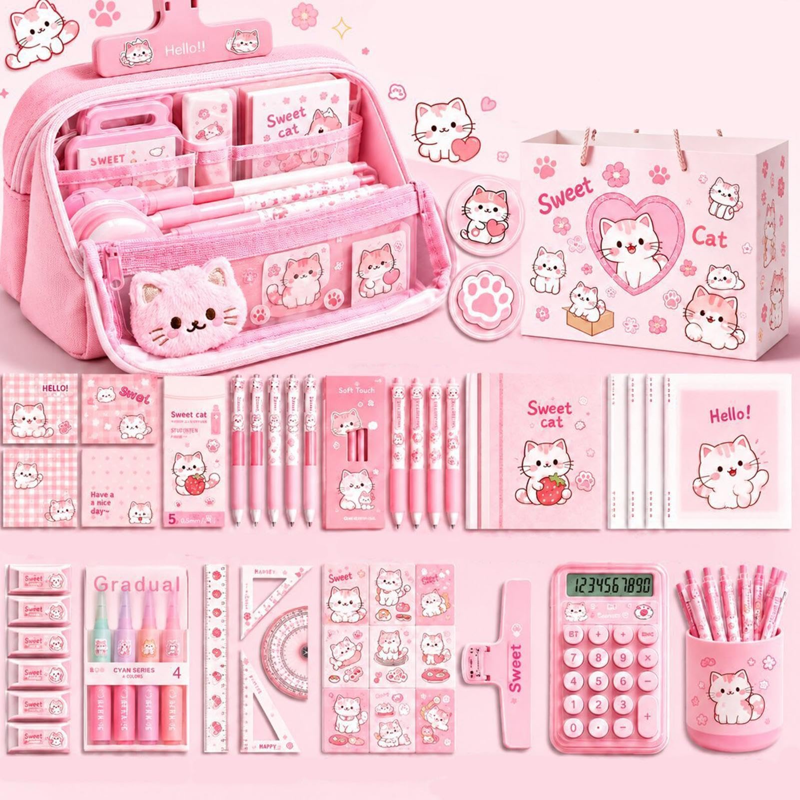 Astuccio Con Cancelleria Ampia Capacità, Adorabile Gatto, Cancelleria Per | Set Materiale Scolastico Bambini Per Appunti In Classe, Studio Quotidiano, Lezioni D'Arte, Esami, Co