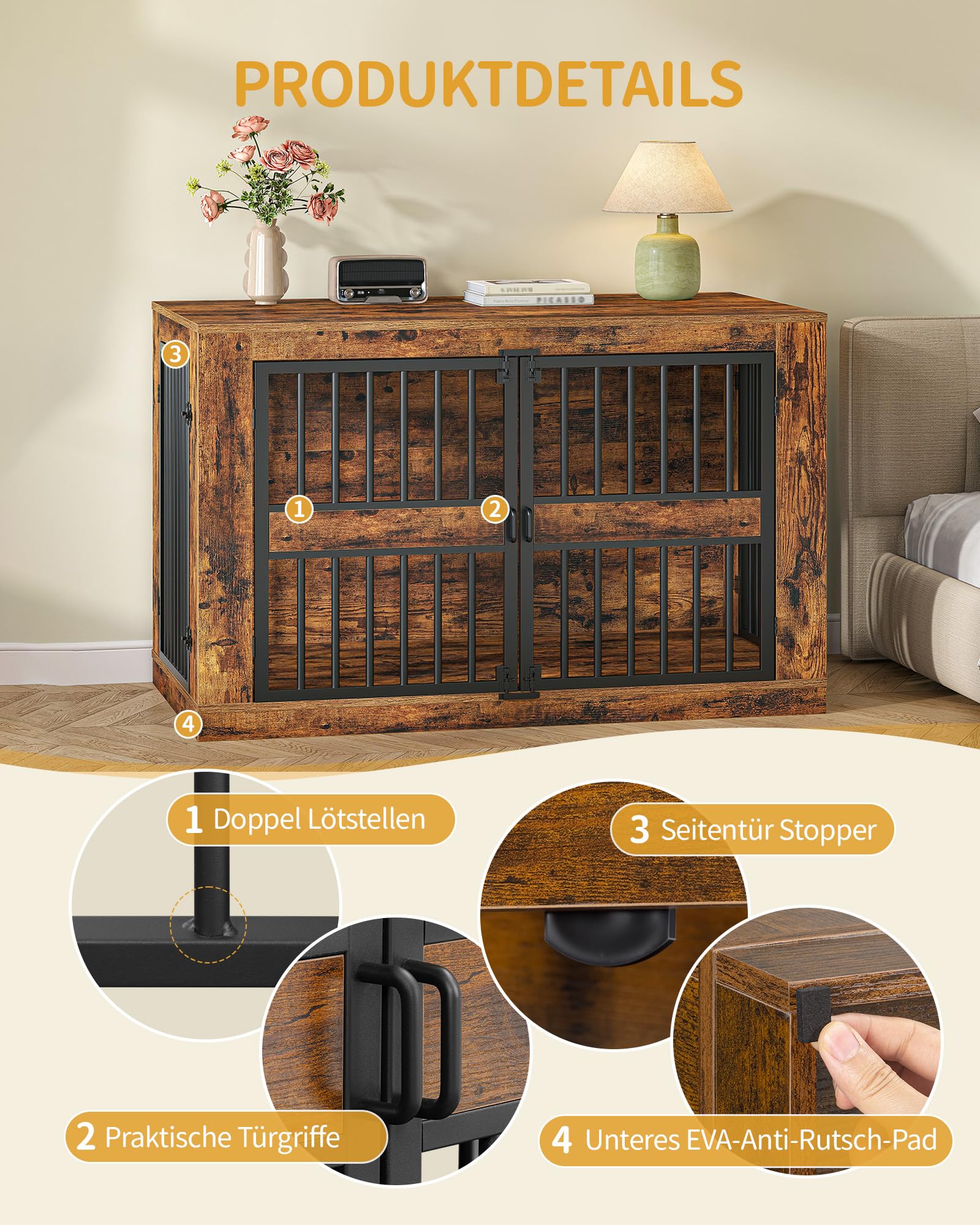 Hzuaneri Hundekäfig Möbel, 120 cm Hundebox für Zuhause mit 4 Türen, XXL Hundebox Möbel, Moderne Hundebox Holz Indoor für Mittlere/Große Hunde, 120 x 75,5 x 87 cm, Vintage Braun 9220101B