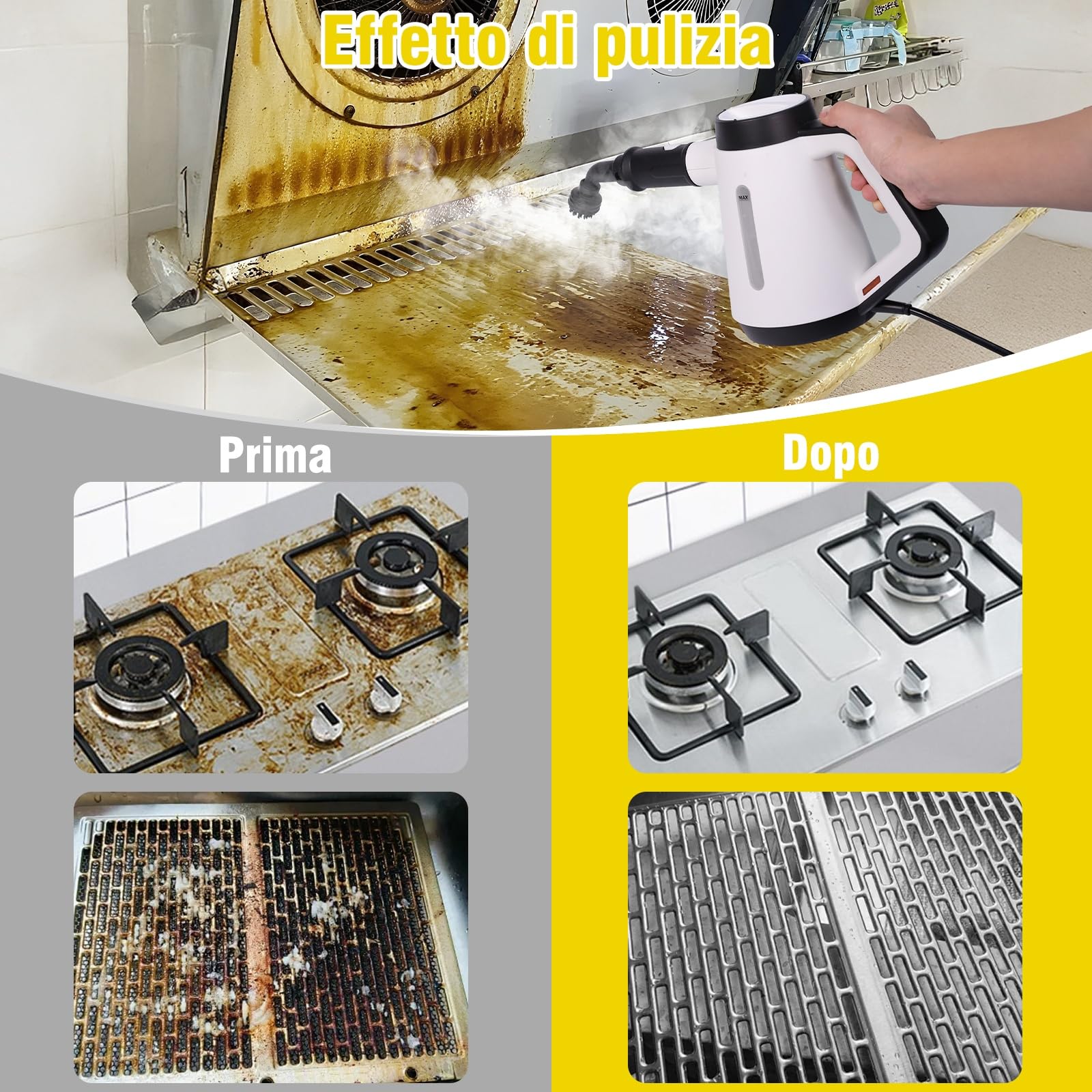 Fippesax Pulitore a vapore manuale, 400 ml, pulitore a vapore multiuso con 9 accessori, pulitore a vapore senza sostanze chimiche per uso domestico, pulizia di pavimenti, piastrelle, finestre, divani