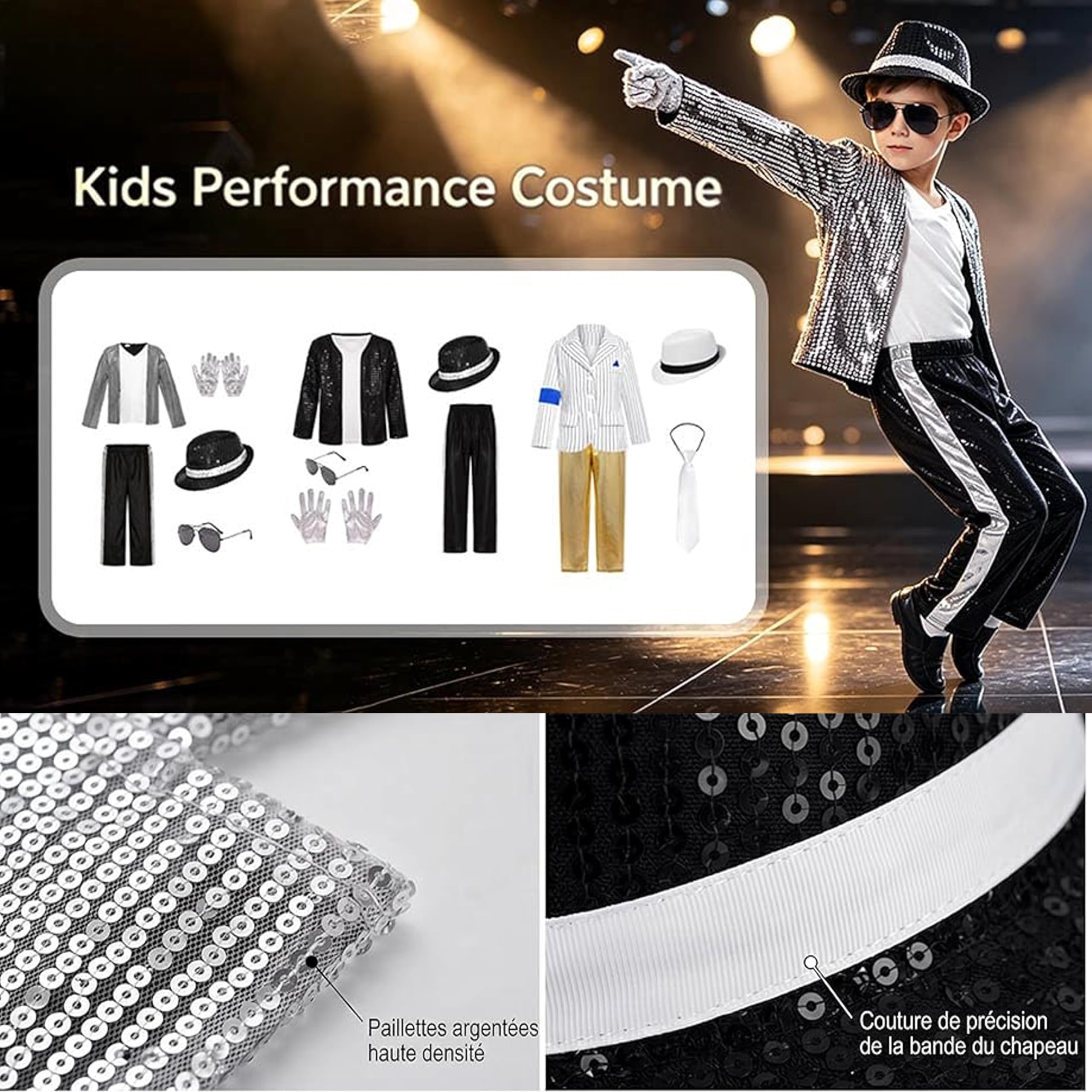 Costume Pop Star Anni '80 '90 per Bambini Ragazzi 4-10 Anni, Set 6 Pezzi con Giacca Nera con Paillettes, Pantaloni, Cappello, Guanto – Spettacoli Halloween, Gli Anni in Bianco E Nero Cosplay