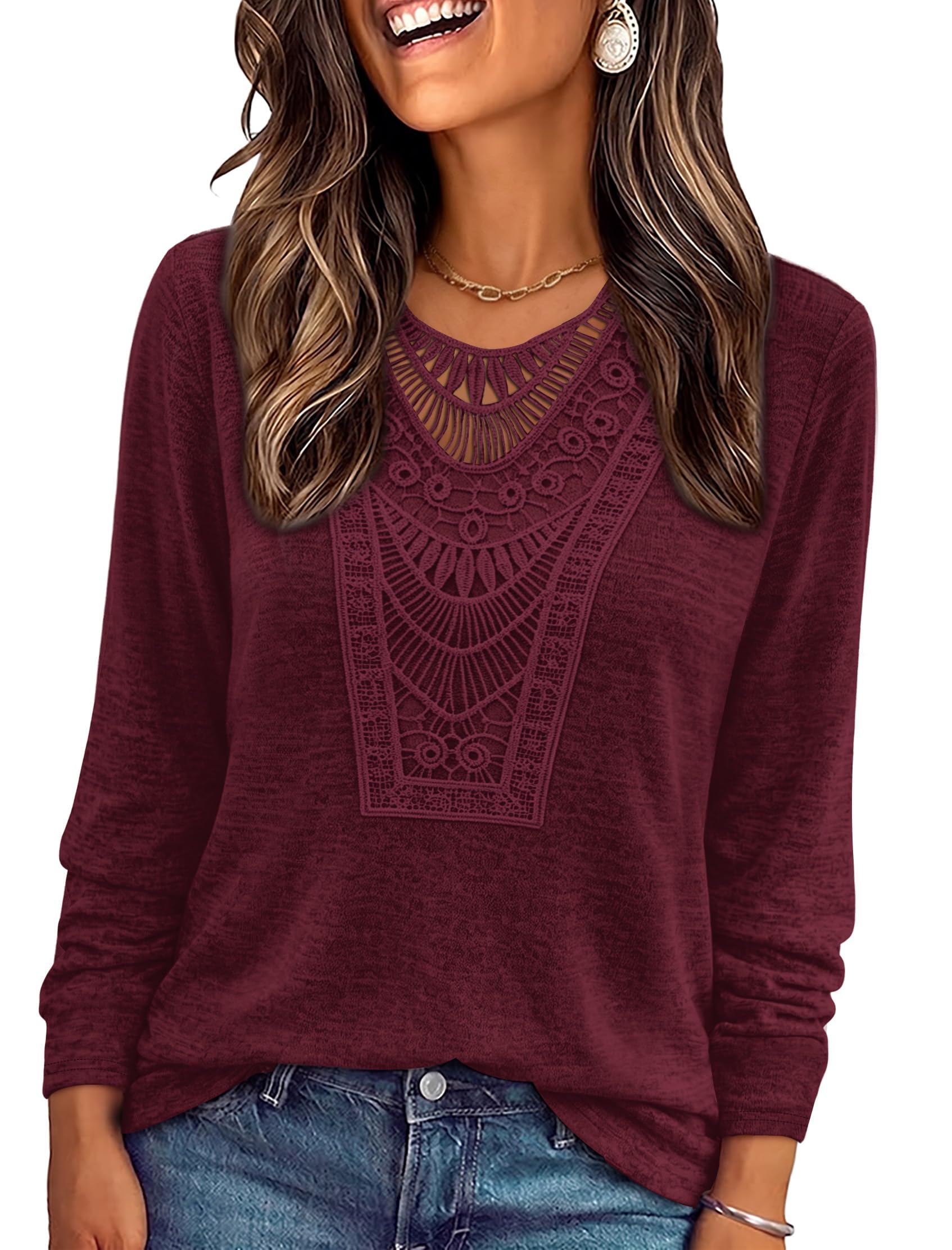 OFEEFAN Long Sleeve Shirts for Women Boho Tops Trendy Blouses Dressy Casual