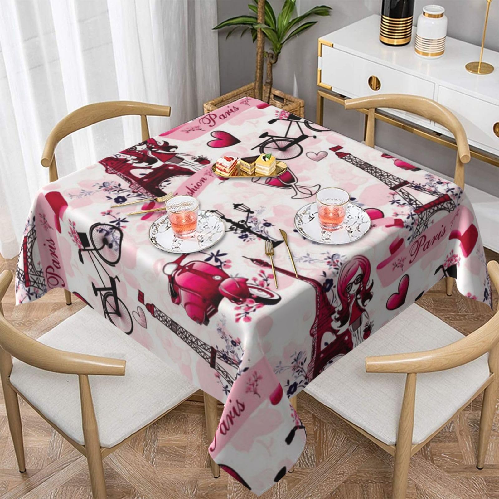 DCEHGEW Cityscape Paris Eiffel Tower France Prints Square Tablecloth 137x137 CM, Waterproof Fabric Table Cloth for Dining Table, Farmhouse Table Cover for Kitchen Dining Tabletop Decoration