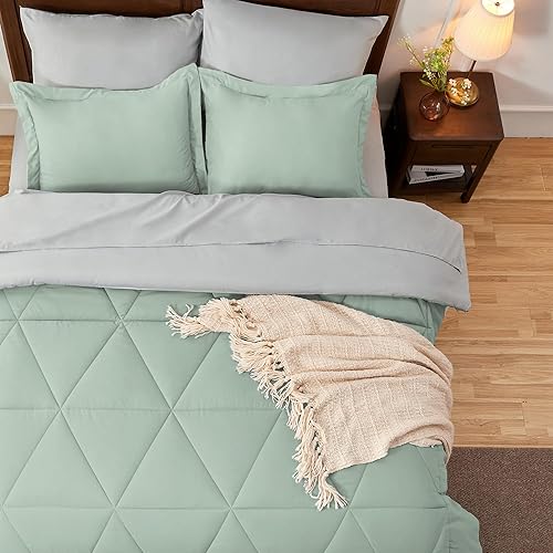 Miniatura 4 de BEDELITE Juego de edredón individual de 5 piezas en una bolsa, juego de cama reversible de microfibra suave verde salvia con edredones, sábanas,