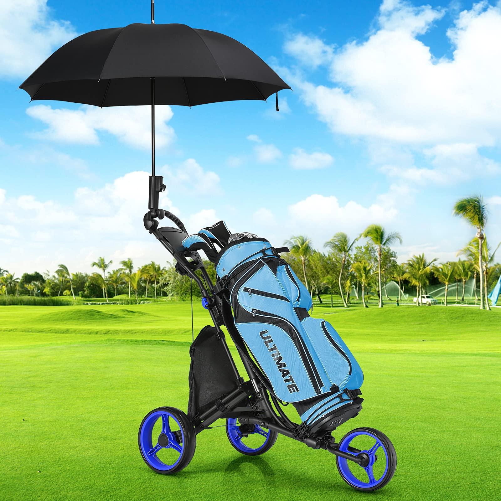 GYMAX 3-Rad Golfwagen, Faltbarer Golftrolley mit Verstellbarem Griff & Schirmhalter & Oberer Taschenhalterung, Golf Push Cart mit Getränkehalter & Anzeigetafel
