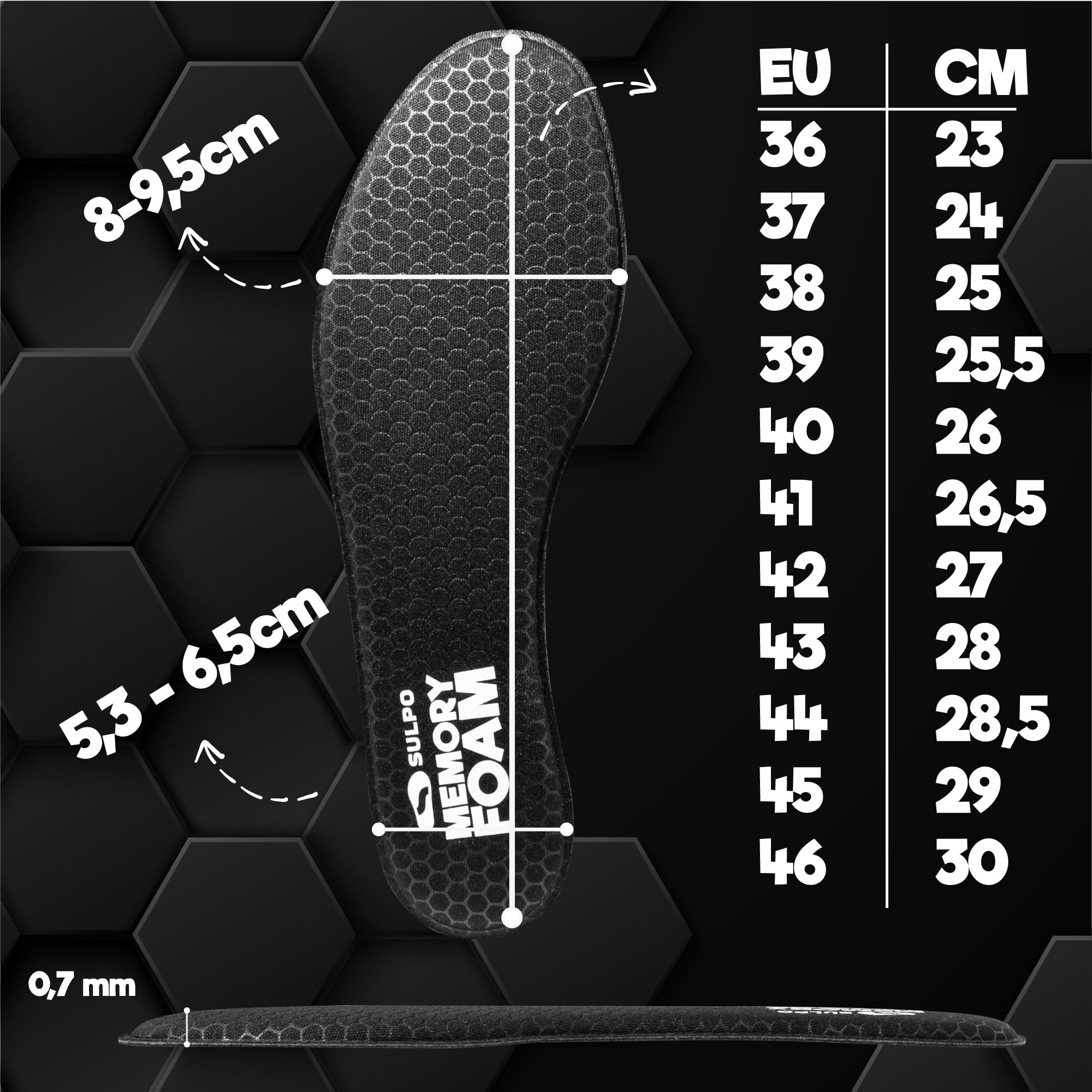 SULPO Wkładki z Pianki Memory Foam - Miękkie, Komfortowe i Cienkie Wkładki Dla Mężczyzn i Kobiet do Sneakerów i Butów Sportowych, Wspierające Komfort Stóp i Dopasowanie Rozmiar 44