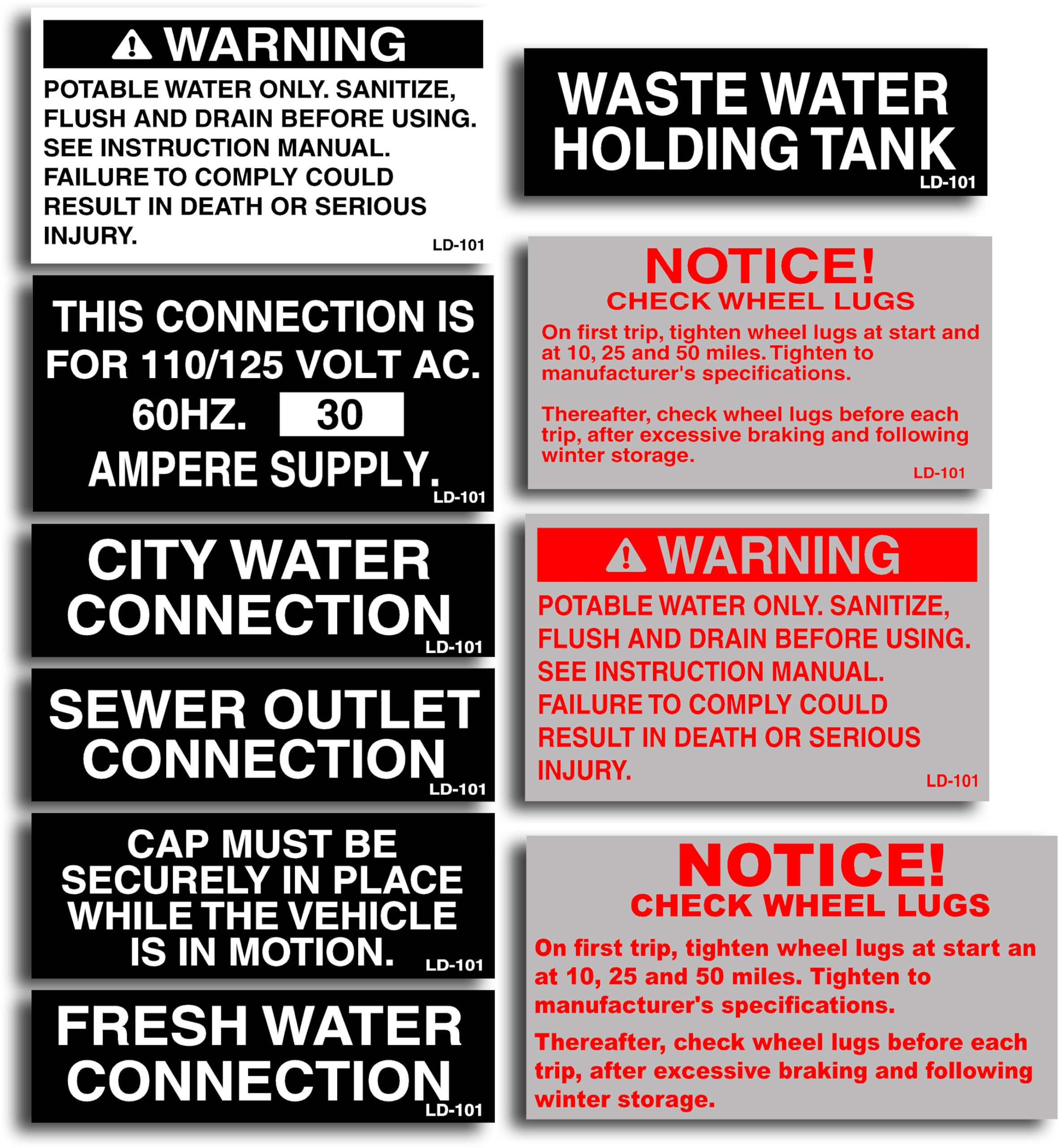 Laminated RV Info Decal 10 Pack - Essential RV Safety & Information Decals