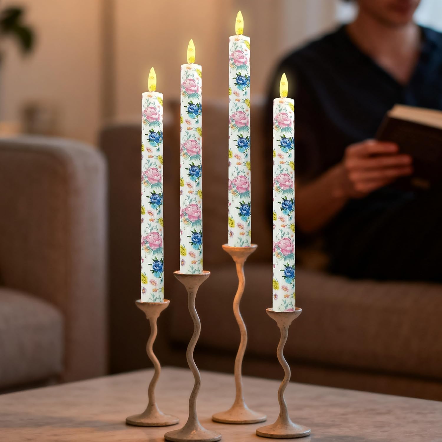 10 Inch Flameless Taper Candles Colorful Flower,LED Candlesticks Battery Operated with 10-Key Remote and Timer,4pcs Flame Lights for Wedding Decoration Party