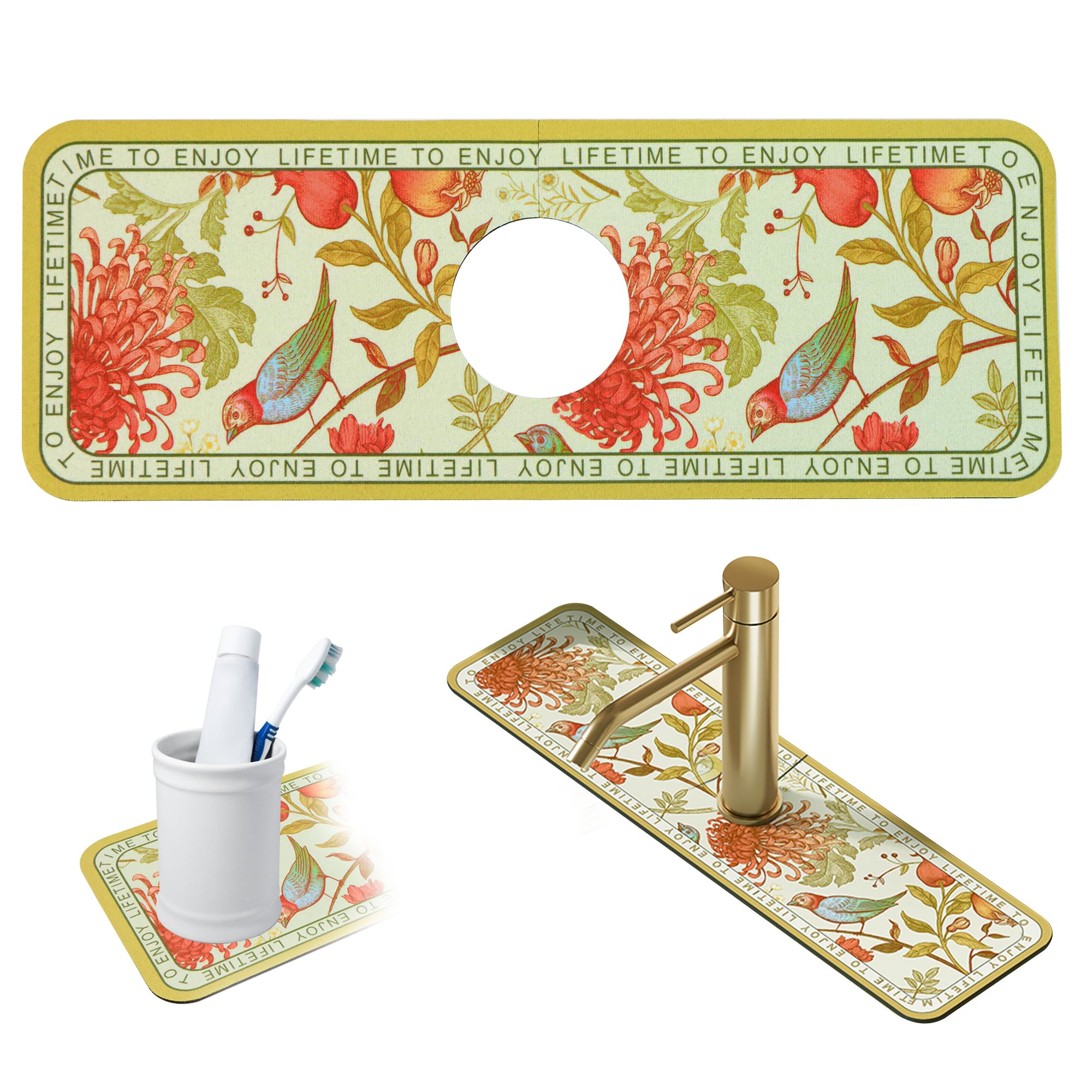 2 Tapis Absorbants Robinet Cuisine - 38x10cm Motif Fleur - Anti-éclaboussures évier