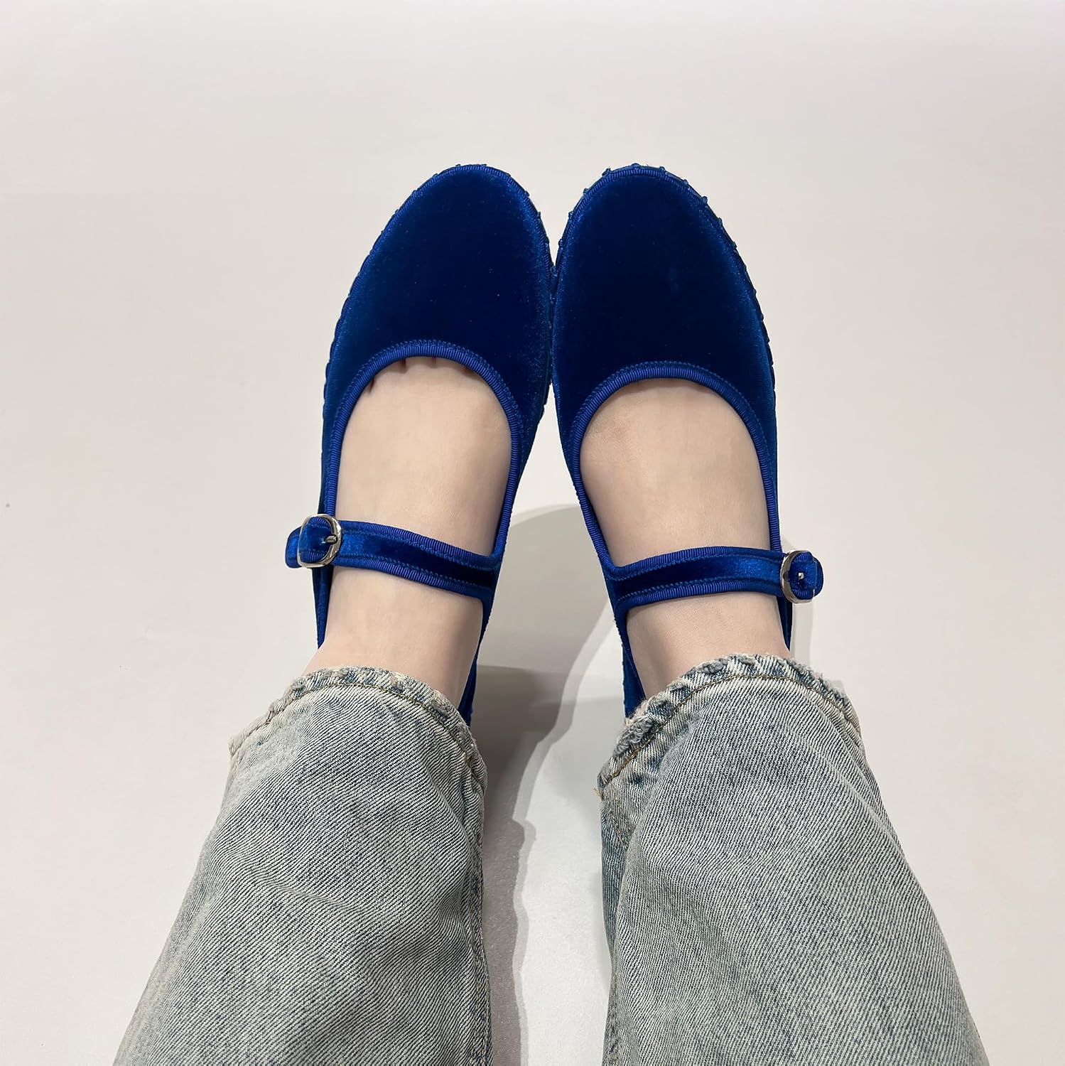 Women's Velvet Mary Jane Ballet Flats Round Toe Shoes