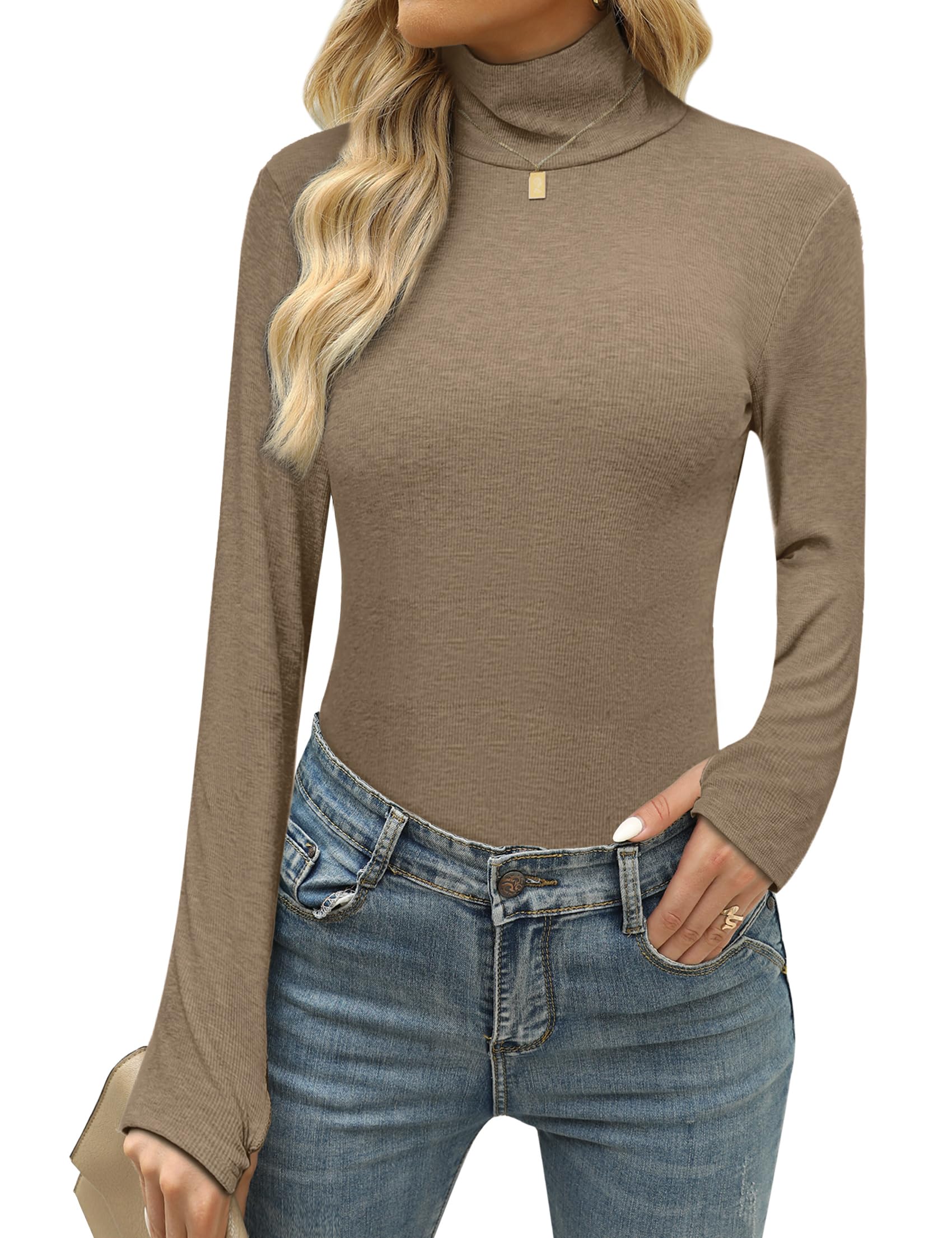 Terecey Damen Rollkragen Langarmshirt Baumwolle Stretch Thermounterwäsche Slim Fit Daumenloch Rollkragenshirt Stehkragen Unterziehrolli Tops S-XXL