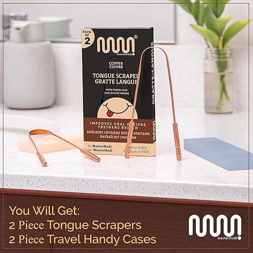 Miniatura 32 de MasterMedi Tongue Scraper for Adults with Multicolor Travel Cases (2 Pack), 100% Stainless Steel, Reduce Bad Breath, Tongue Scrubber, Easy to Use