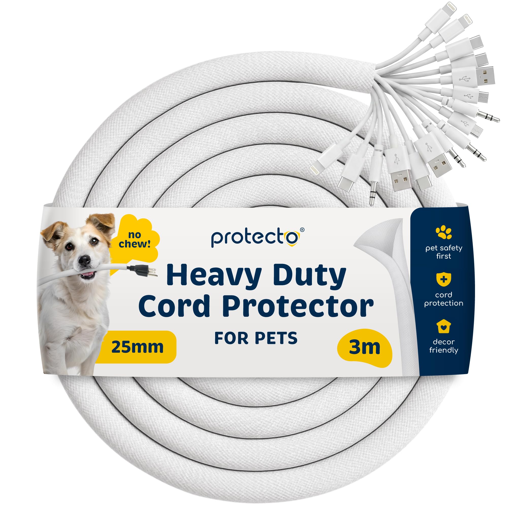 PROTECTO Heavy Duty Dog & Cat Cord Protector 3m Long Sleeve, Easy to Use 25mm in Cord Cover for Pet, Odorless White Color, No Chew Solution for Power, Audio & Video Wire Tubing, Fits 13-16 Cables