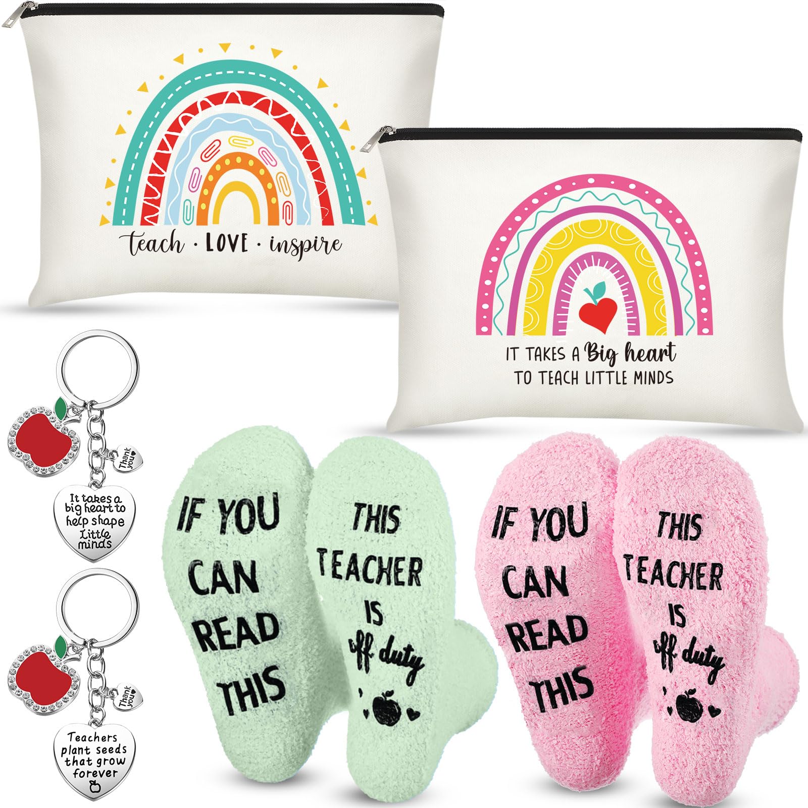 Saintrygo 6 Pieces Teacher Appreciation Gift Set for Women 2 Pcs Teacher Cosmetic Makeup Bags 2 Pairs Novelty Cozy Fuzzy Socks and 2 Pcs Keychain(