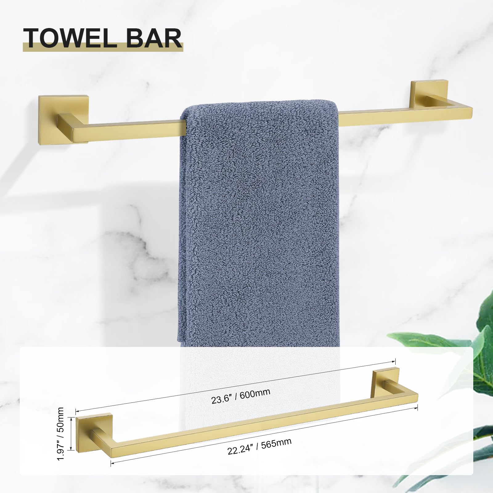 TNOMS Badezimmer-Set 6-teilig – Gebürstetes Gold, Handtuchstange, Halter, Ring, Haken, Toilettenpapierhalter Mit Ablage