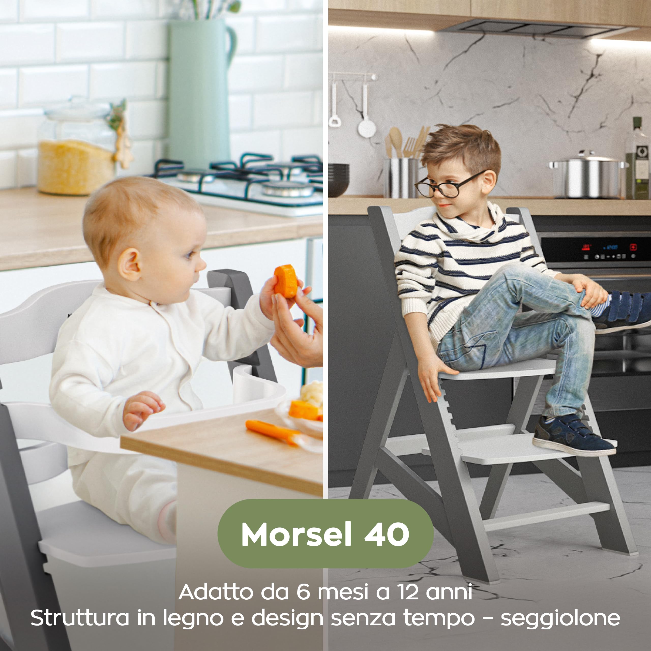 Tulano Morsel 40 - Seggiolone Evolutivo 4 in 1 per Pappa in Legno | Sedia evolutiva con 11 livelli vassoio lavabile cuscini impermeabili e uso da 6 mesi a 12 anni - Grigio Bianco