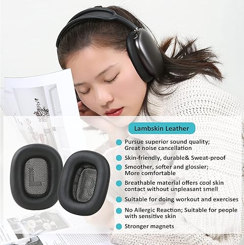 Miniatura 2 de Almohadillas de piel de cordero para auriculares Apple AirPods Max, almohadillas de piel de oveja de repuesto con espuma viscoelástica e imán, a