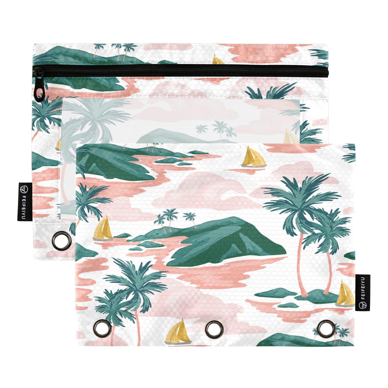 JihqoAbstract Summer Paradise Island Pencil Pouch for 3 Ring Binder Pencil Bags 2PCS Clear Window Pencil Case with Zipper for Binders Office Supplies